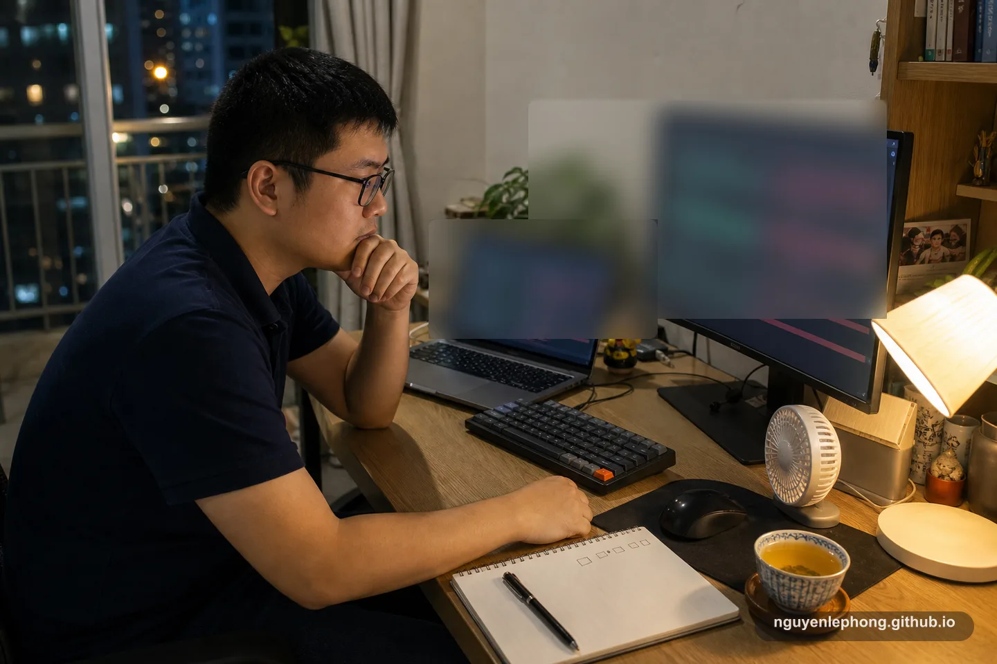 An engineer does a late-evening self-review at a home desk with tea, a desk fan, and a blank checklist.