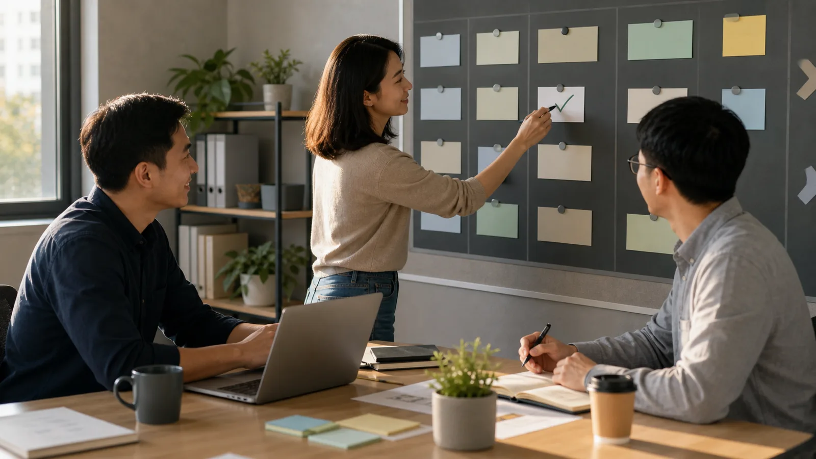 Một teammate đánh dấu hoàn tất trên planning board đơn giản trong khi đồng đội quan sát với sự chú ý bình tĩnh.