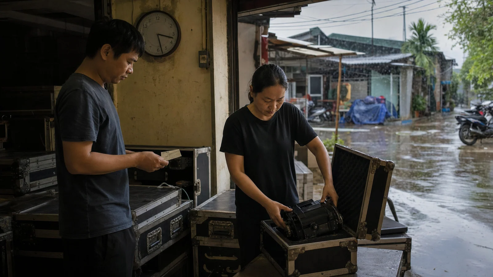 Two Vietnamese workshop colleagues complete an equipment handoff while rain falls outside near closing time.