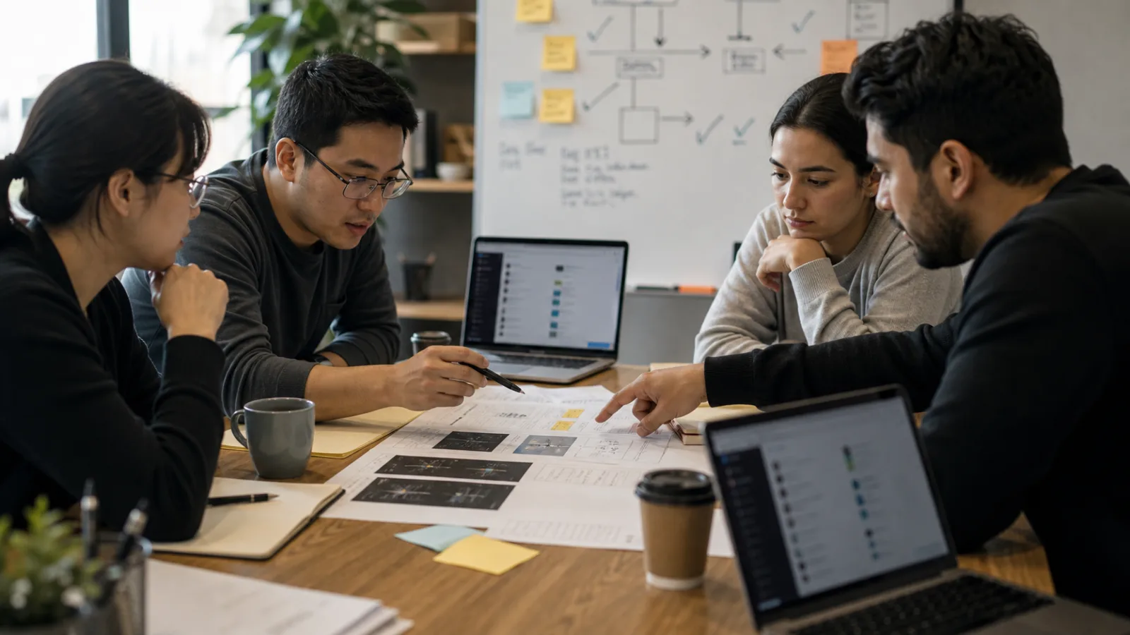 A small engineering team compares AI output with printed test evidence and source notes during a review session.