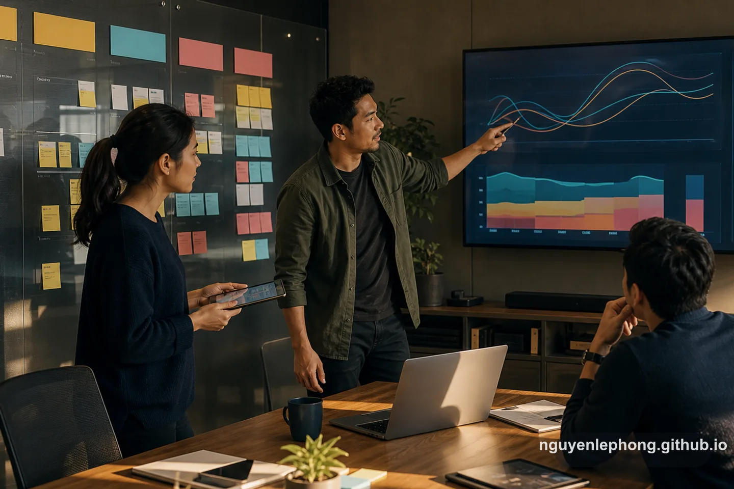 Một team nhỏ cùng xem flow chart cạnh planning board để cân bằng cadence của sprint với nhịp delivery hằng ngày.
