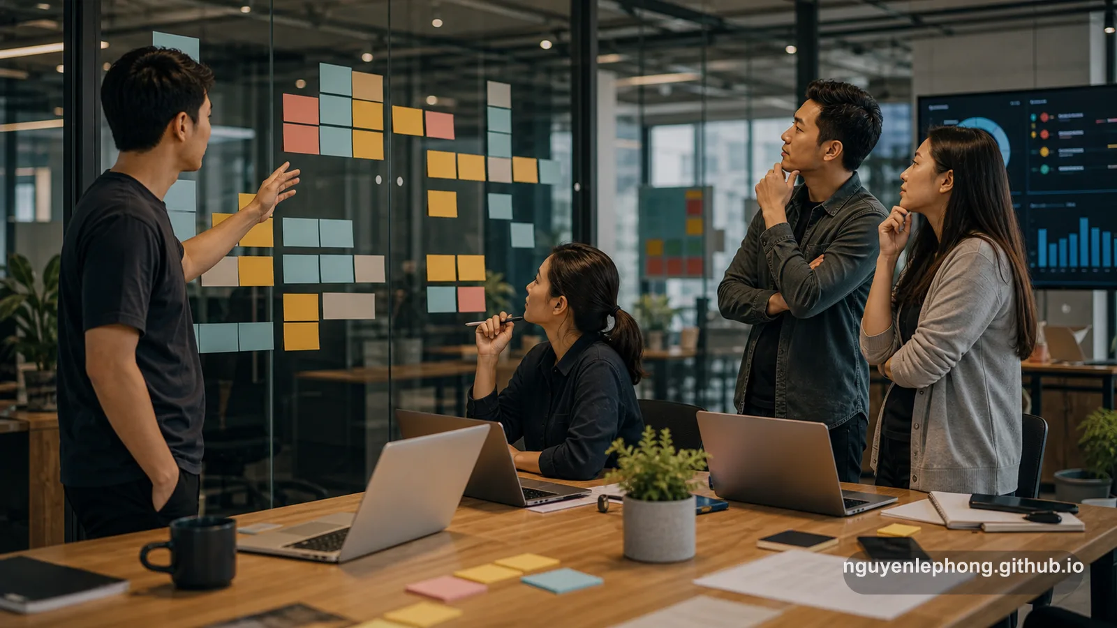 Một team phần mềm cùng nhìn board kính khi bug, product task và review đang đi vào cùng một buổi sáng.