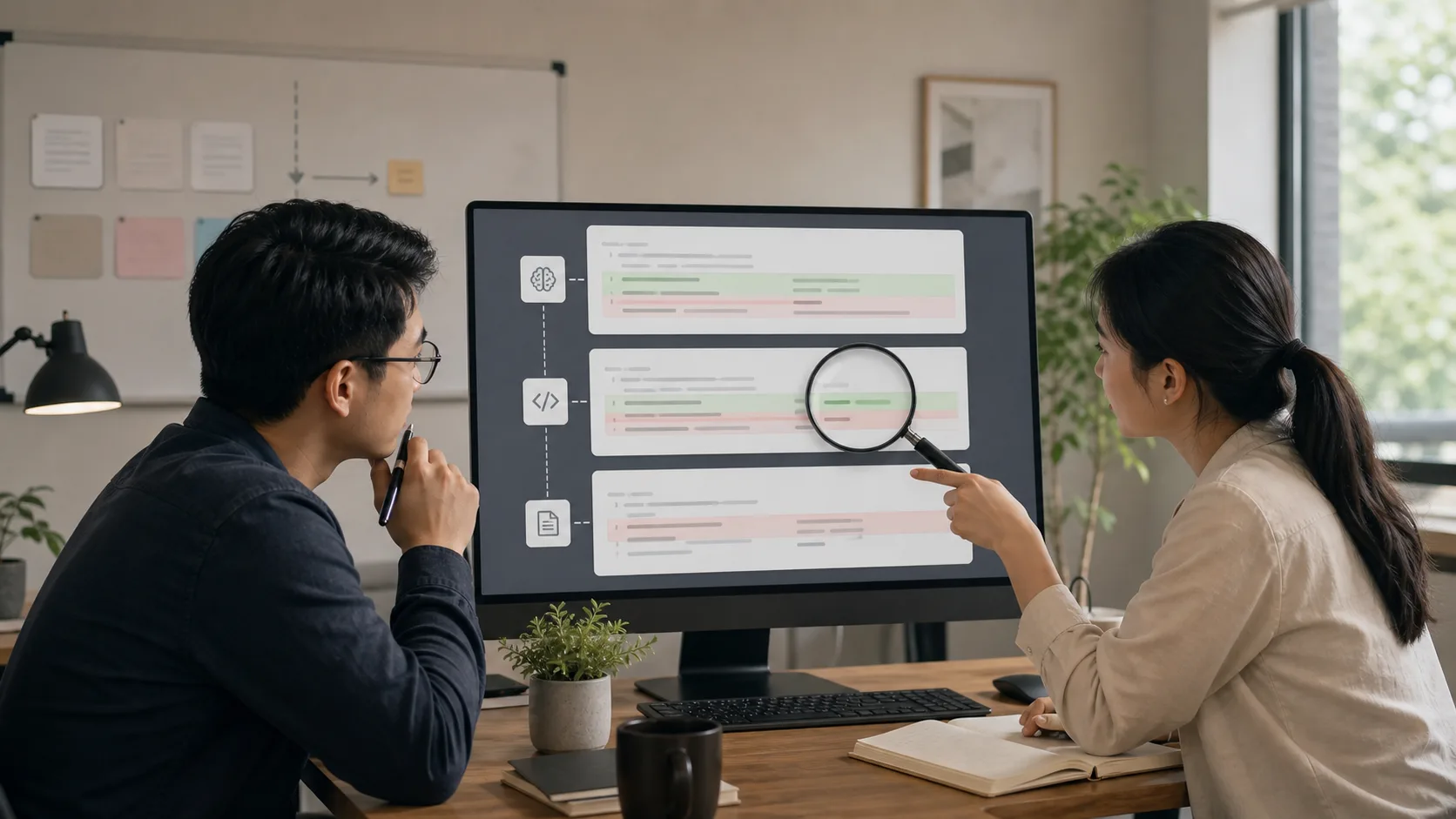 Hai developer inspect một AI-generated change set nhỏ hiển thị như các diff card trừu tượng trên màn hình lớn.