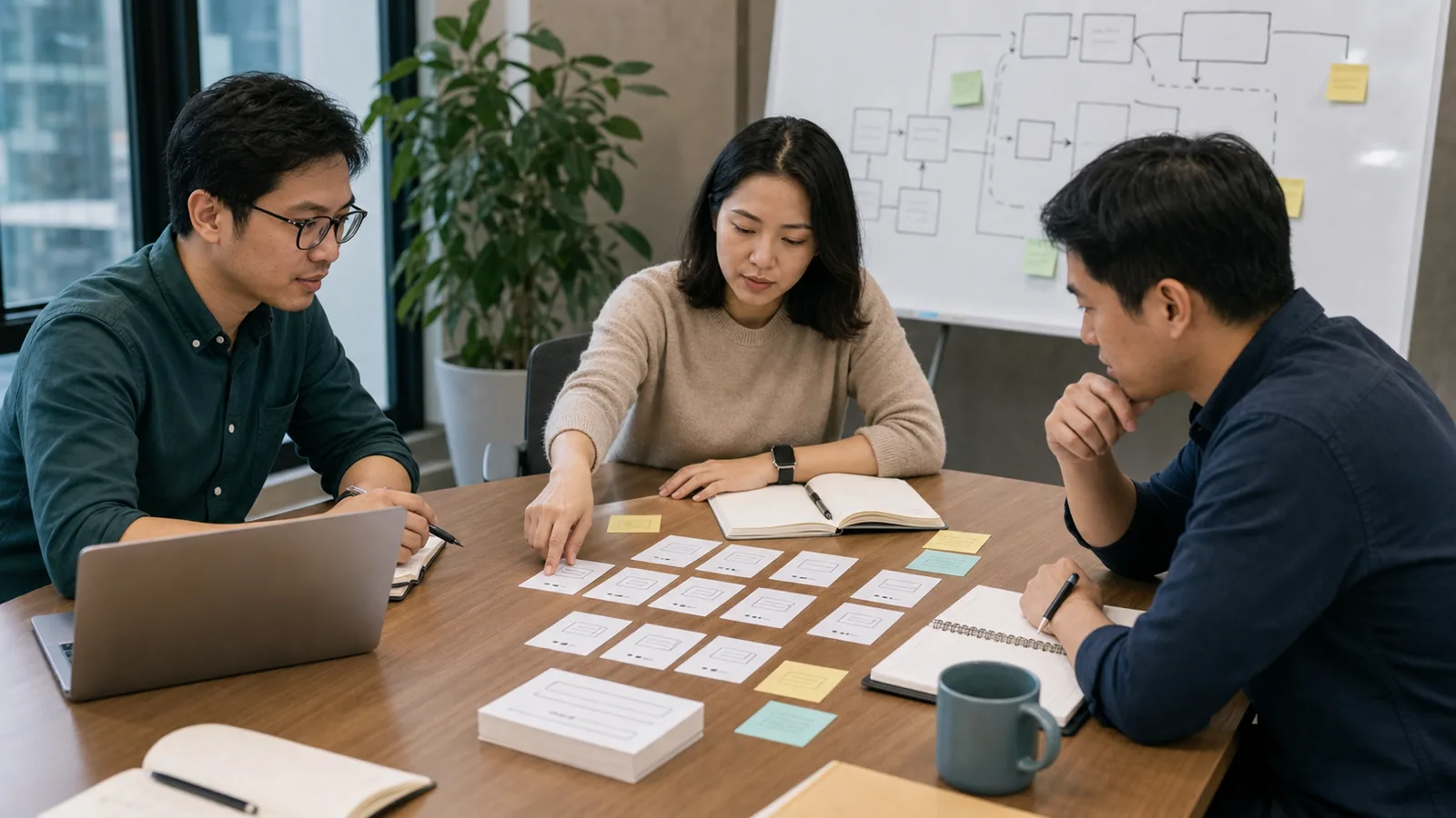 A small engineering group calmly reviews interface cards and a light architecture sketch around an office table.