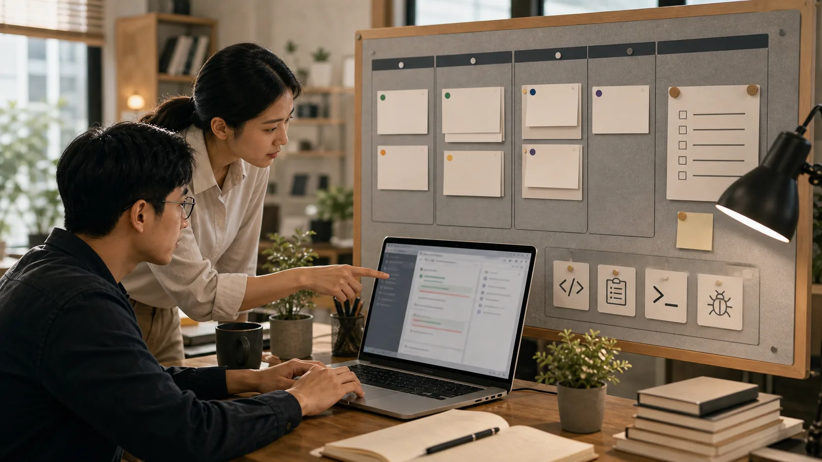A delivery desk with a compact checklist beside a pull request, release notes, test result, and deployment marker.