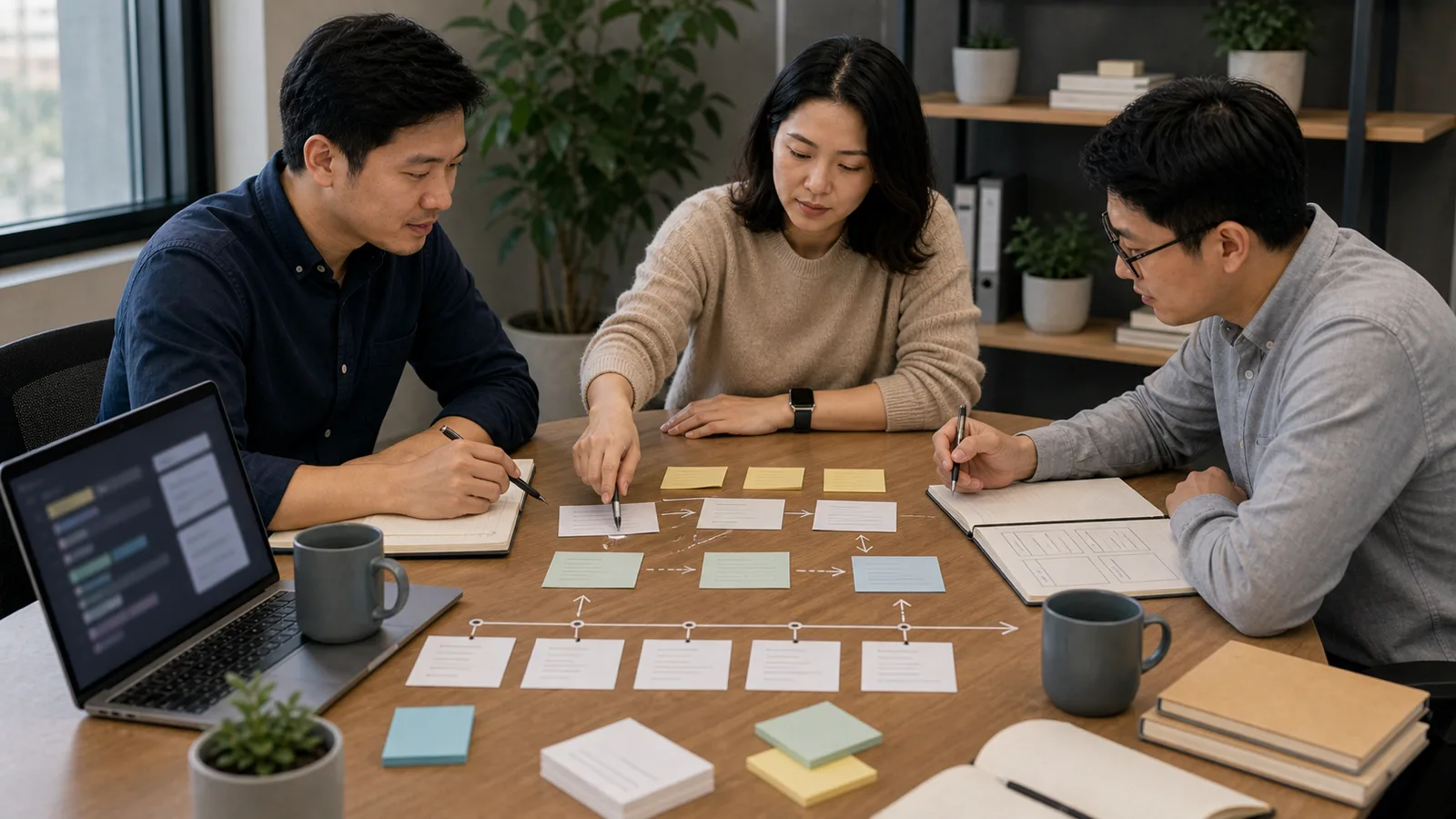 Các teammate nối meeting note trống, decision card và timeline đơn giản bằng mũi tên trên bàn văn phòng.