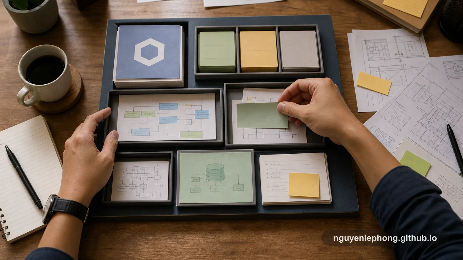 Hands keep route notes, validation cards, use-case diagrams, and data-access sketches together on one compact engineering workspace.