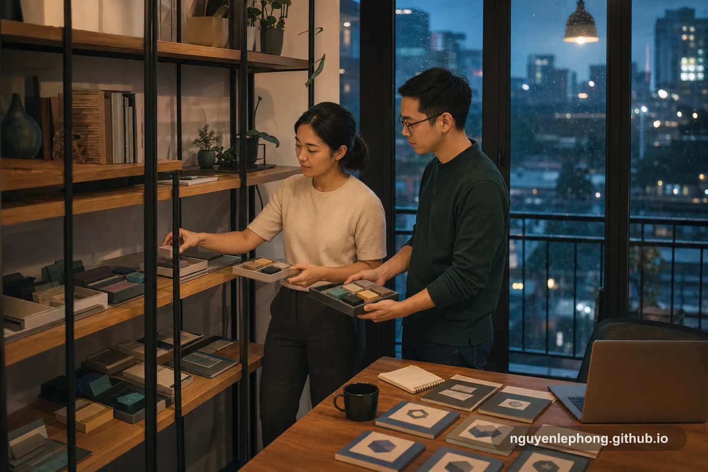 Two engineers move only a few shared building blocks onto one shelf while most feature trays stay separate beside a rainy city window.