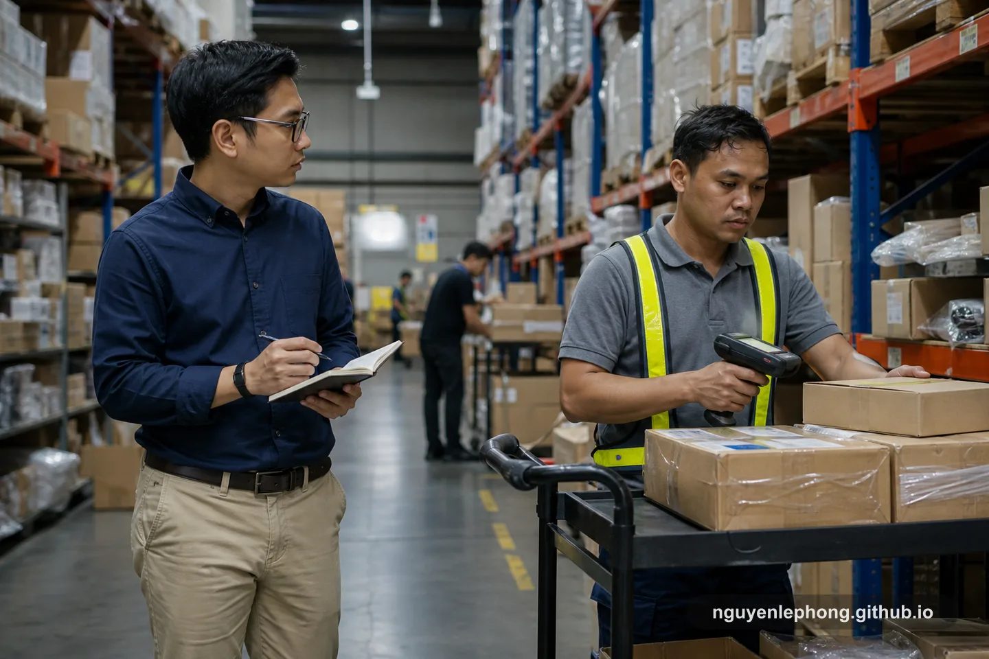 An analyst shadows a warehouse worker with a handheld scanner while checking the real picking flow on the warehouse floor.