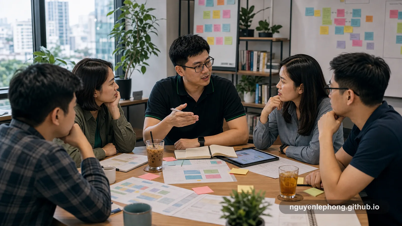 Nguyen Le Phong dừng một cuộc trao đổi cross-functional về yêu cầu dashboard để hỏi cả nhóm xem quyết định nào thật sự cần được cải thiện.