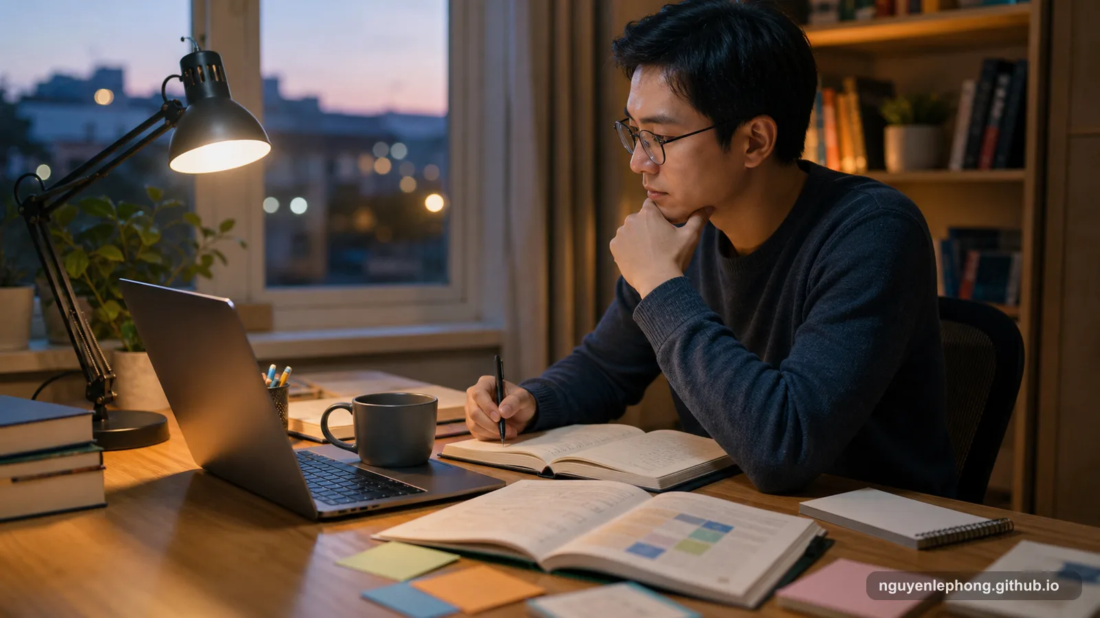 A learner studies a new language at a warm evening desk with a laptop, notebooks, and open reference books.