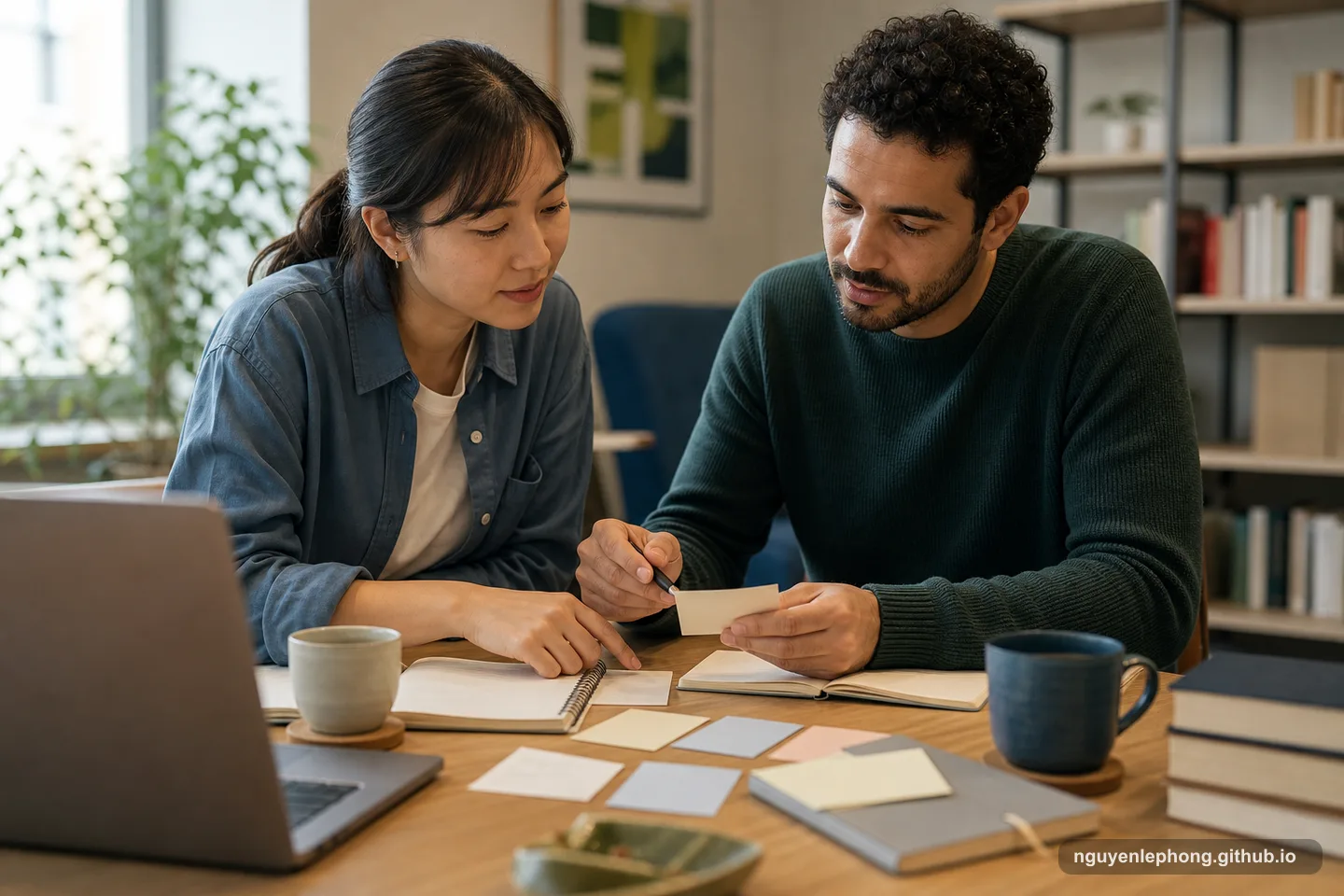 Two people review blank communication cards and notes together, showing how tone and context matter when learning a human language.