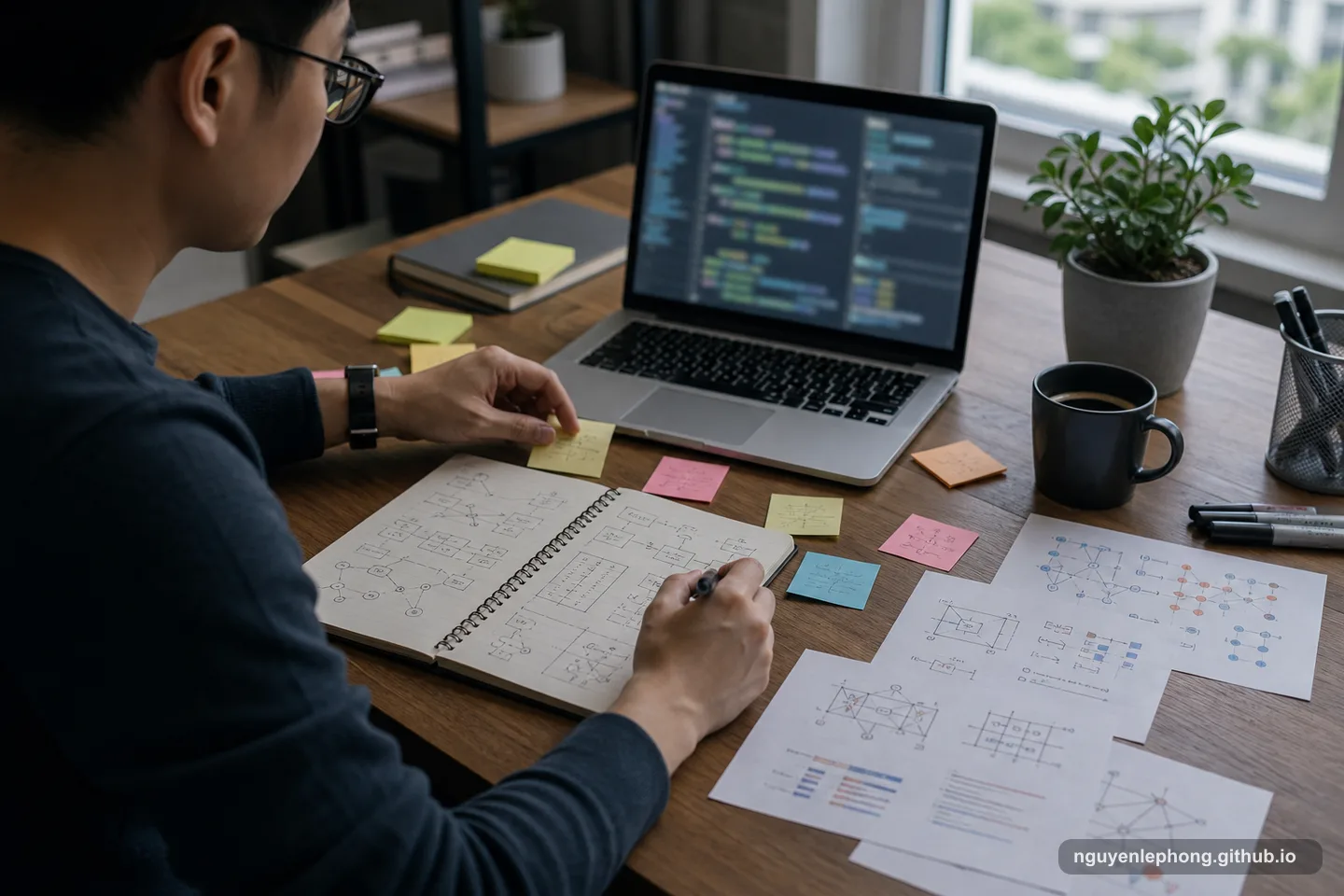 A developer compares blurred code, diagrams, and notes while studying how different programming languages shape problem solving.