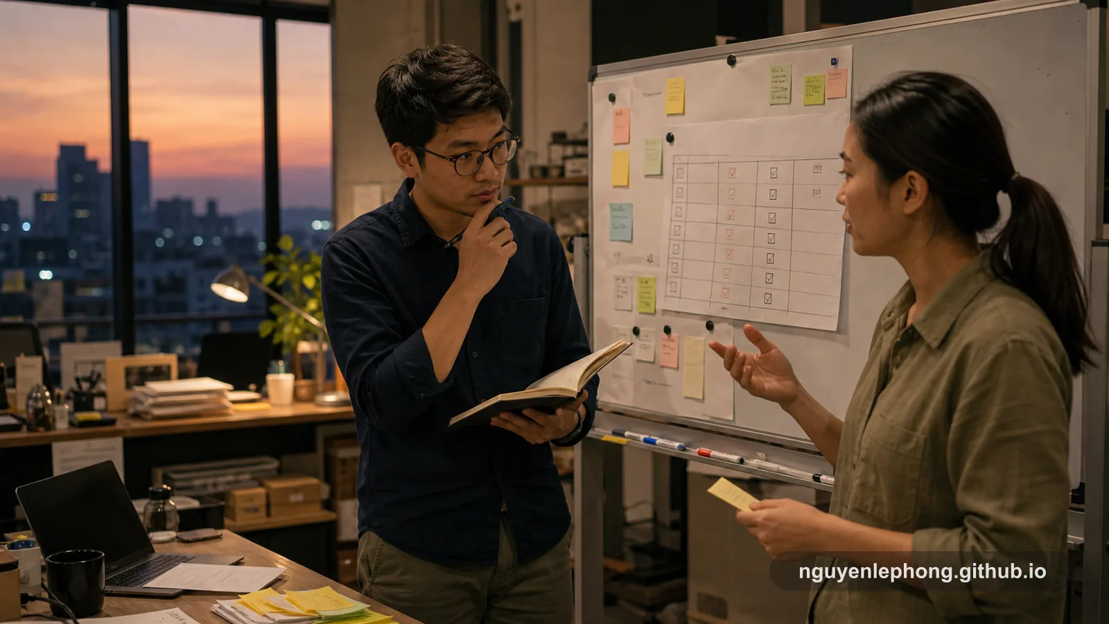 Two coworkers pause near a release board at the end of the day, reviewing a late request with a notebook and calm body language instead of rushing into a quick yes.