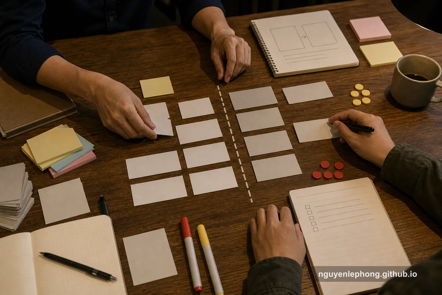 Hands arrange blank cards, markers, and checklist tokens around a visible cut line on a project table so the team can see what ships now and what moves later.