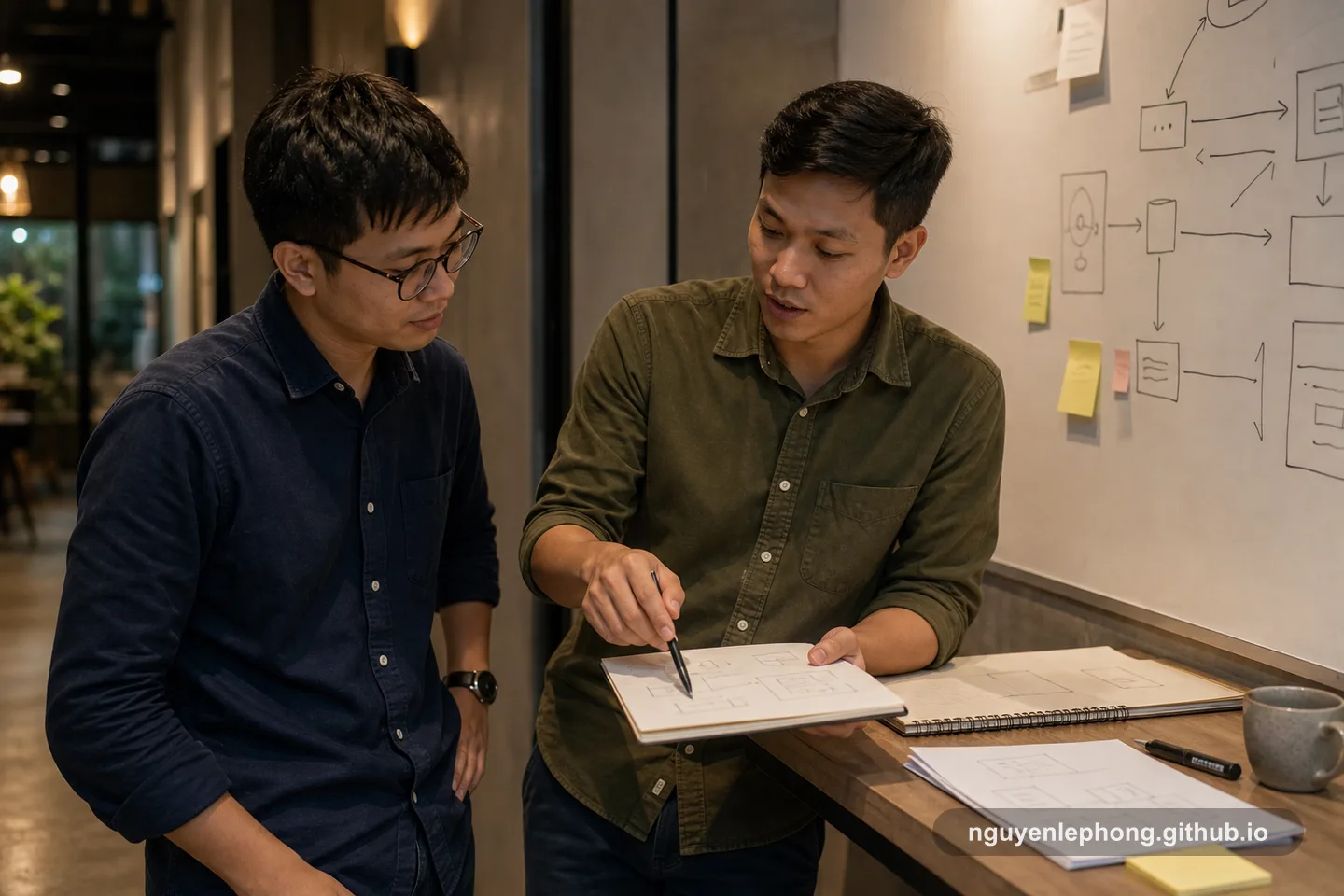 Two coworkers stand by a side workspace and review a narrower safer plan sketched in a notebook, using the alternative to keep the goal while reducing the risk.