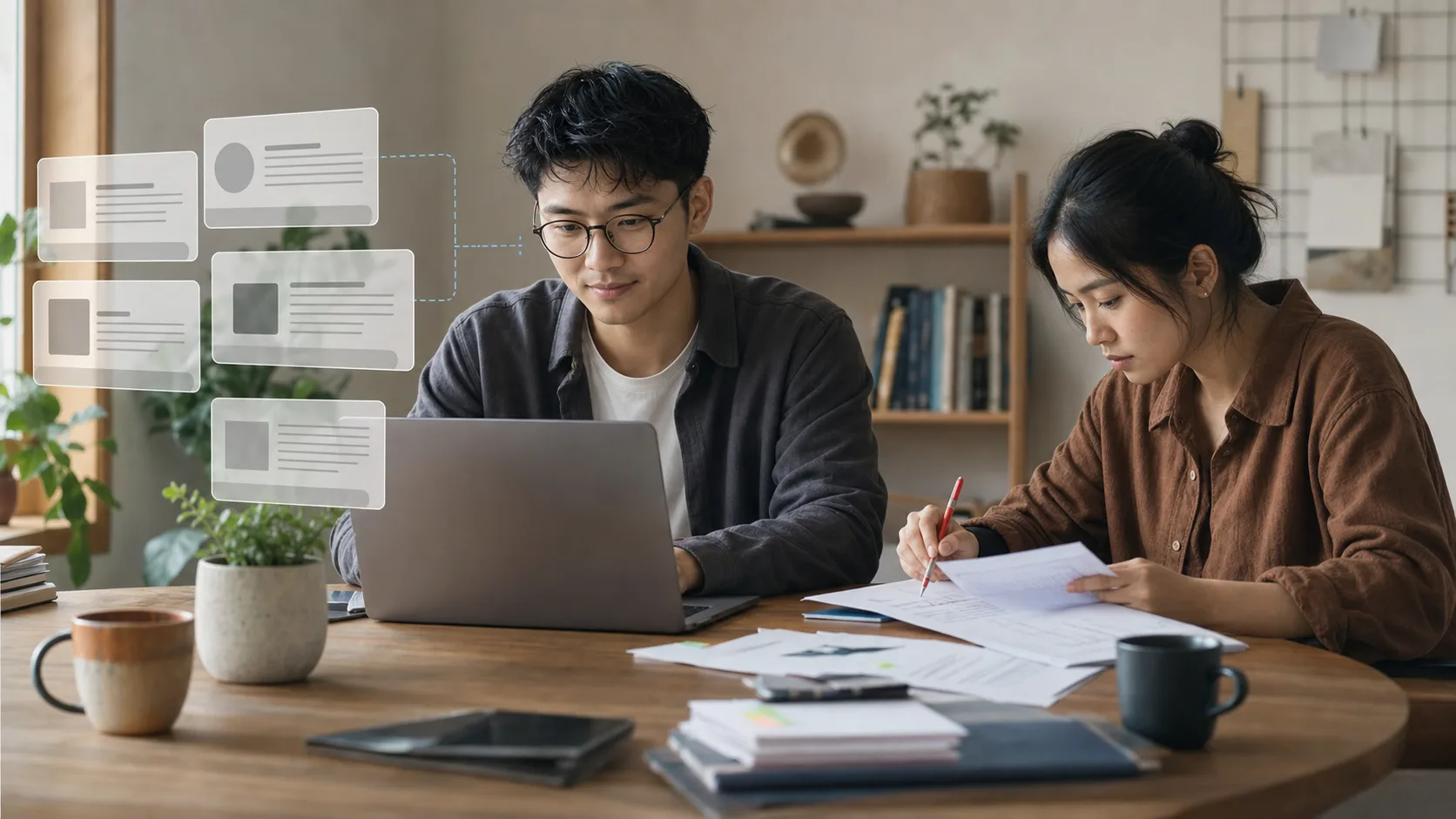 Một developer review các AI draft card đơn giản trong khi một người khác kiểm tra evidence in trên bàn chung.