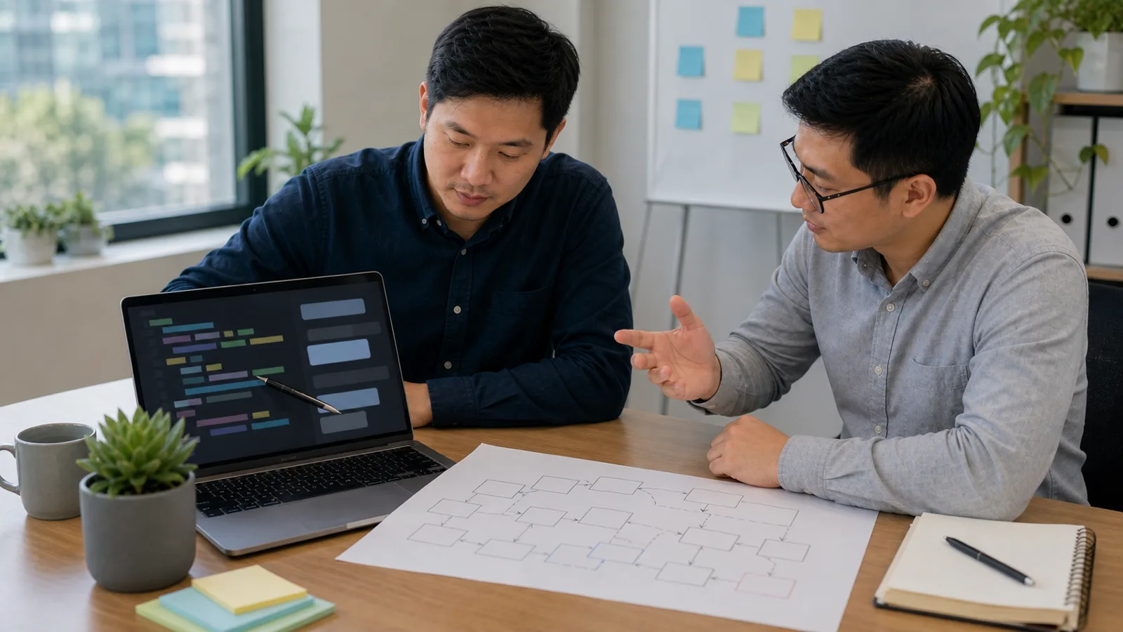 Hai engineer so sánh màn hình code trừu tượng với system map trống trên giấy ở bàn làm việc yên tĩnh.