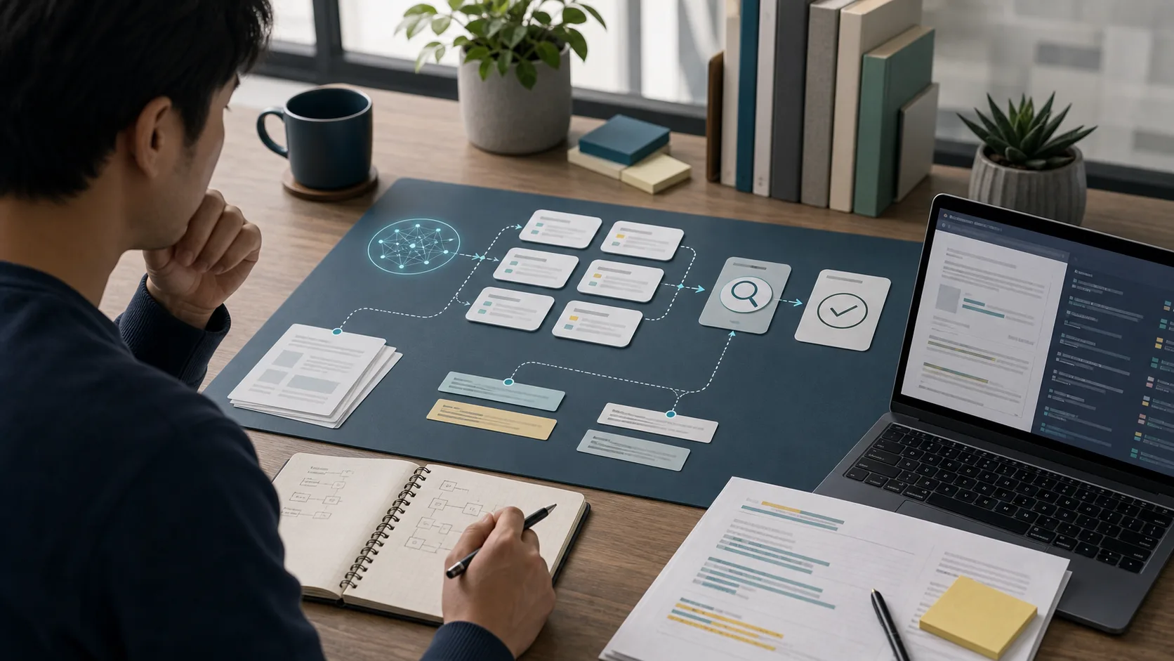 An engineer reviews AI-suggested search cards, source evidence markers, and a judgment checklist on a calm product investigation desk.