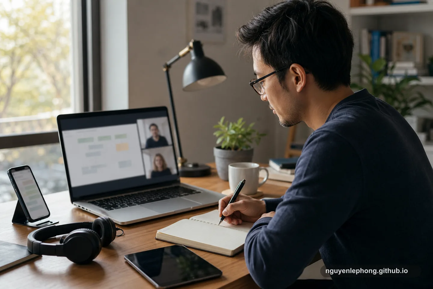 Một người ghi chép trước laptop đang mở cuộc gọi video với hai ô hình; trên bàn có điện thoại, tai nghe, máy tính bảng và một chiếc cốc.