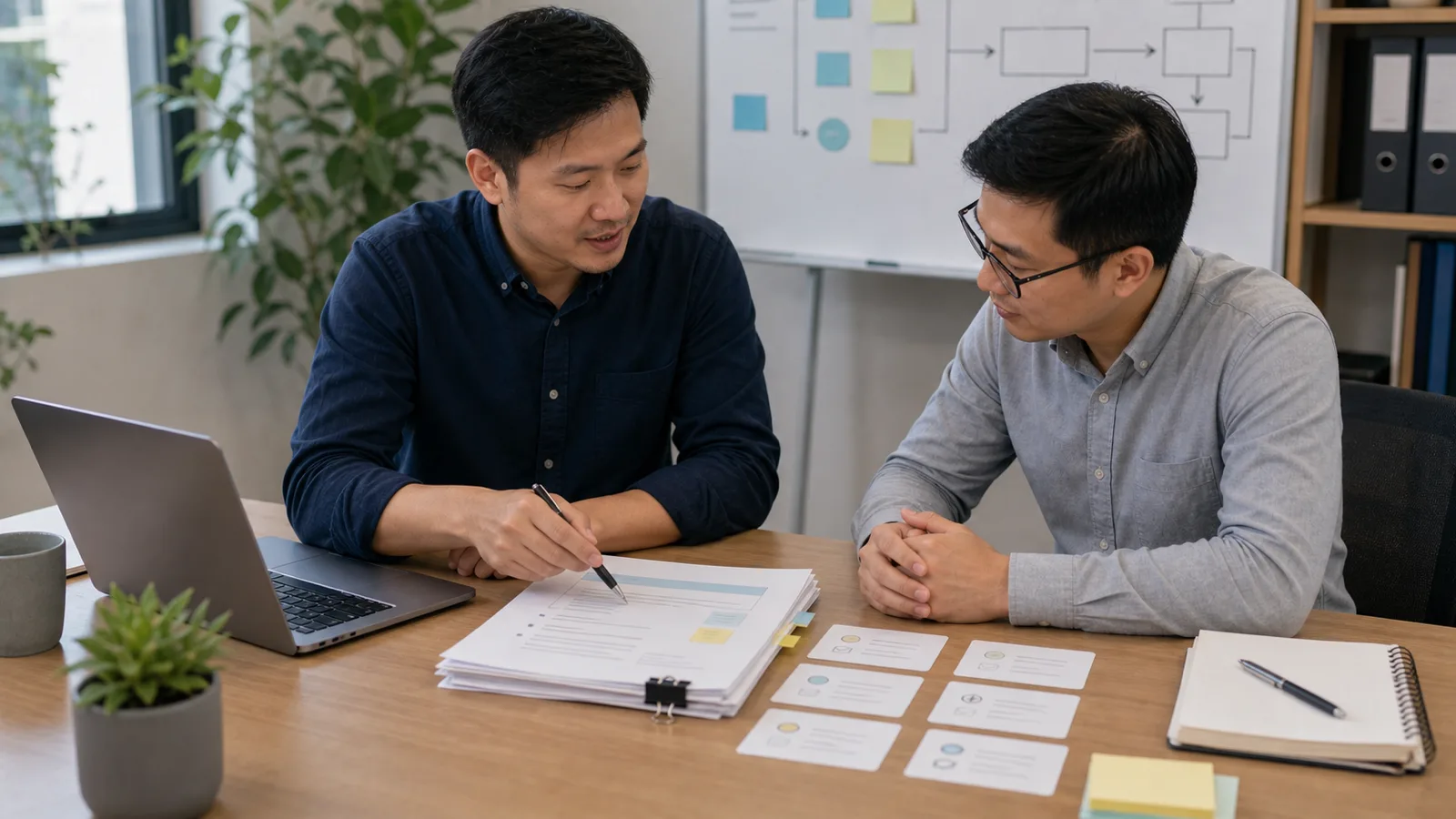 Two teammates review a small stack of notes, interface cards, and a calm handoff document at an office table.