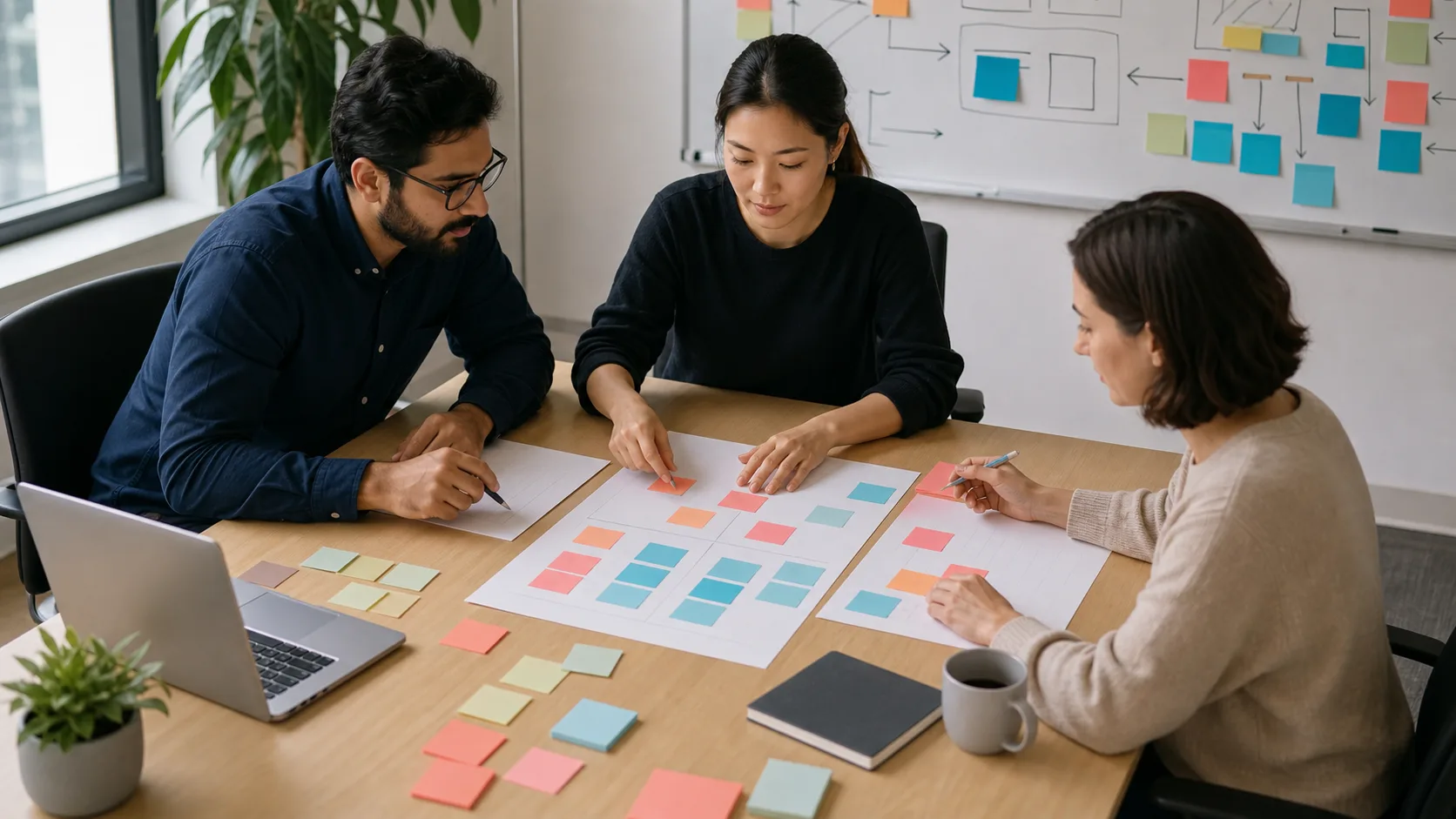 A calm handoff table with notebooks, task cards, question markers, known and unknown areas, and two people passing work context.