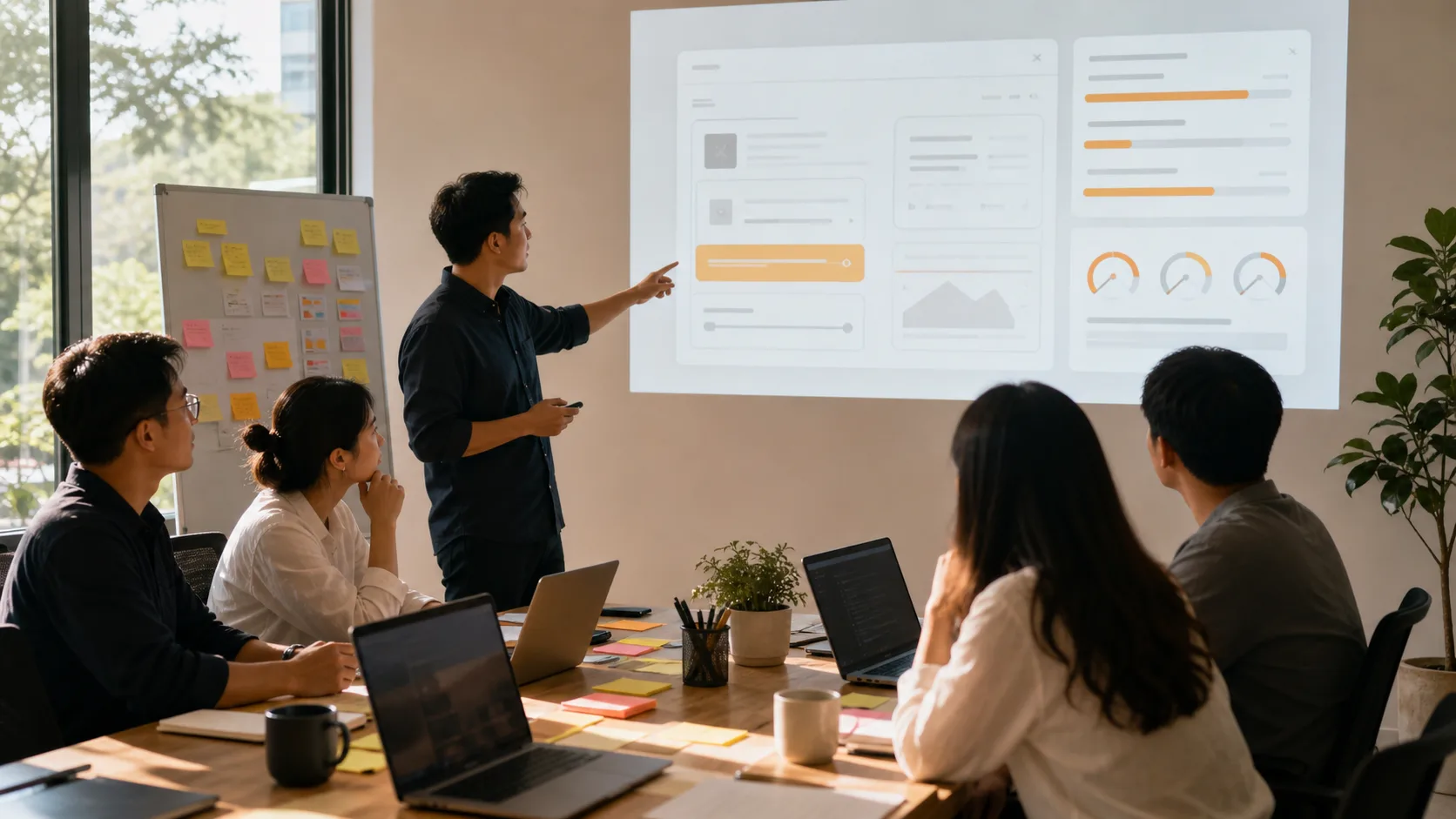 A product engineering team reviews an interface mockup beside abstract capacity indicators and service health panels.