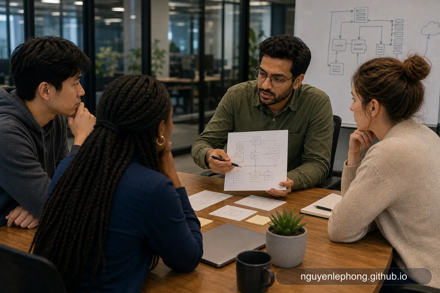 Một engineer dùng sơ đồ hệ thống vẽ tay để chuyển technical risk thành các option cụ thể cho stakeholder không chuyên kỹ thuật.
