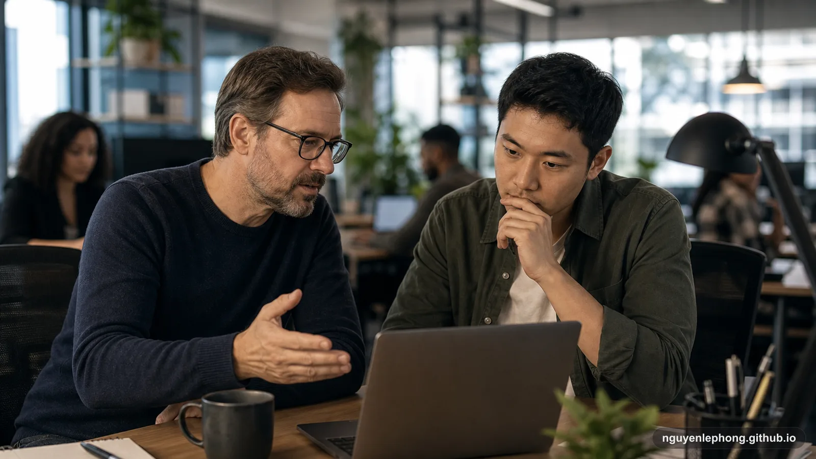 A senior software engineer and a junior developer review a small pull request together beside a cooling coffee mug.