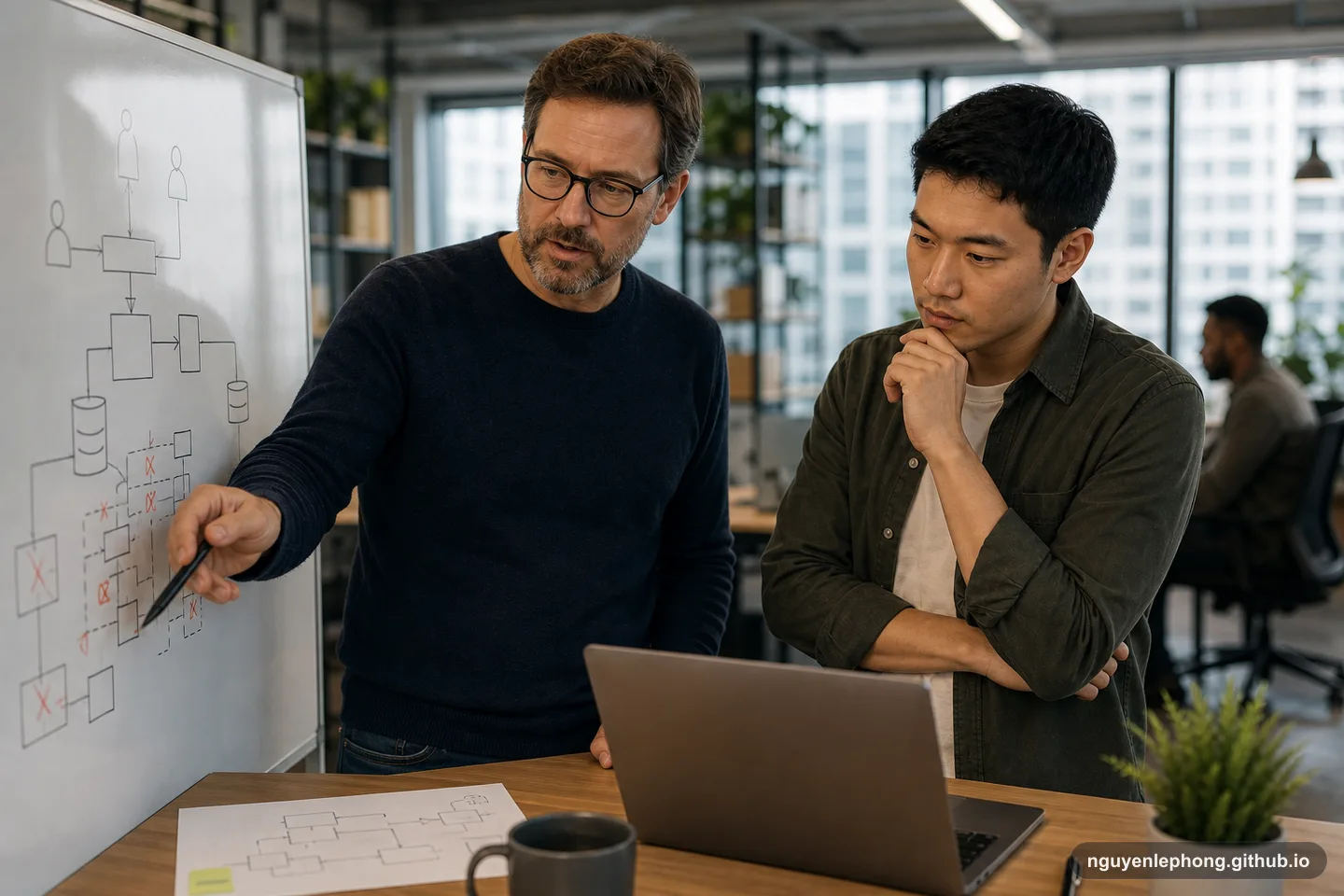A senior engineer walks a junior developer through a simple architecture sketch beside a laptop before implementation starts.