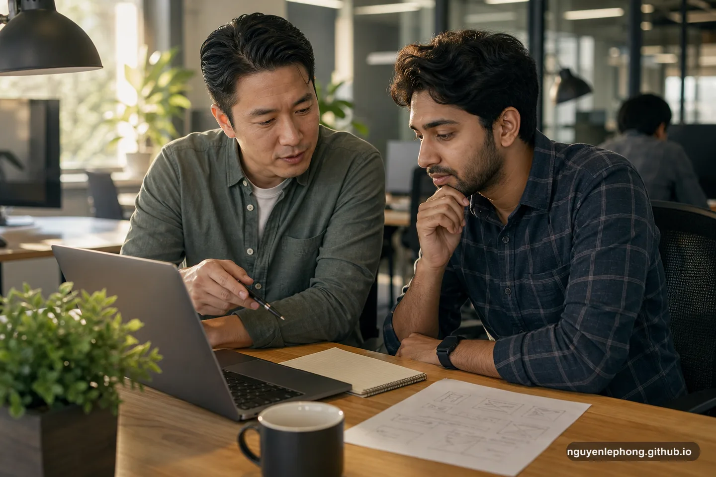 Two engineers sit beside each other reviewing a laptop and notes during a calm mentorship conversation.