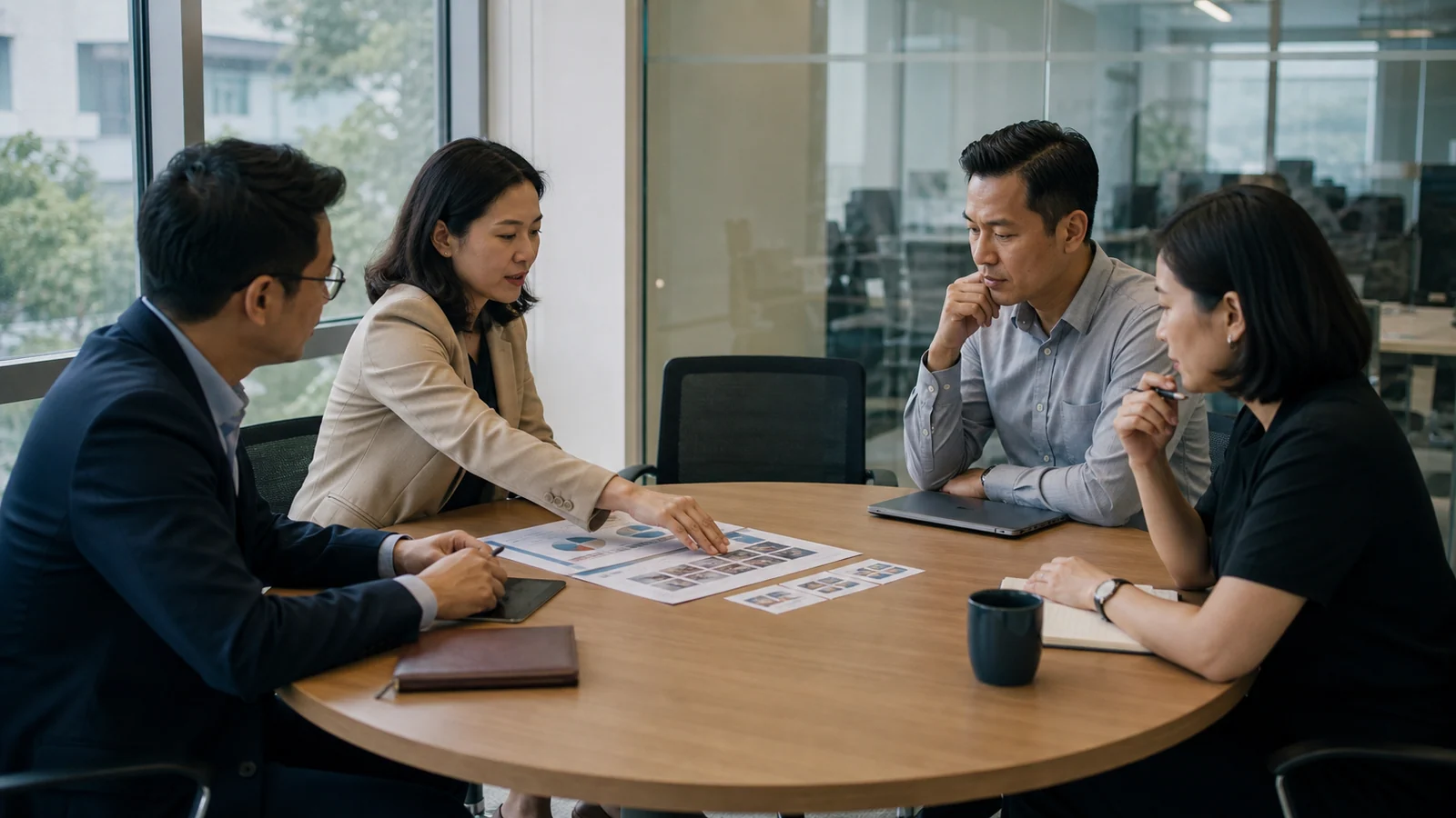 Four Vietnamese managers examine project evidence beside an empty chair during a talent calibration conversation.