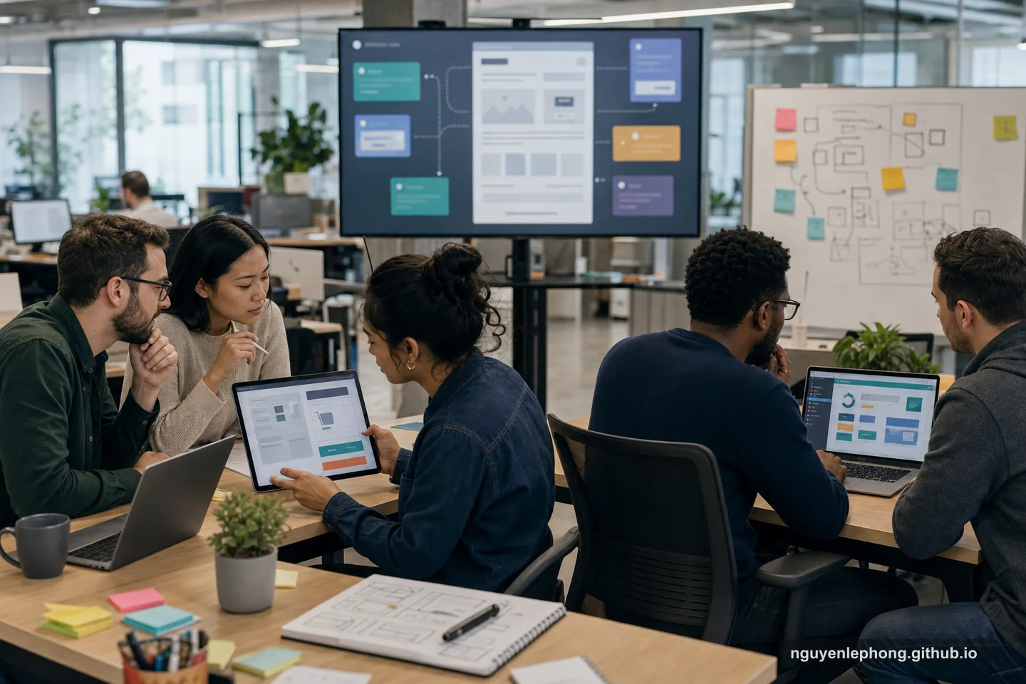 Hai squad frontend làm song song trên các module giao diện riêng, trong khi màn hình trung tâm hiển thị các mảnh UI trừu tượng được ghép thành một sản phẩm.
