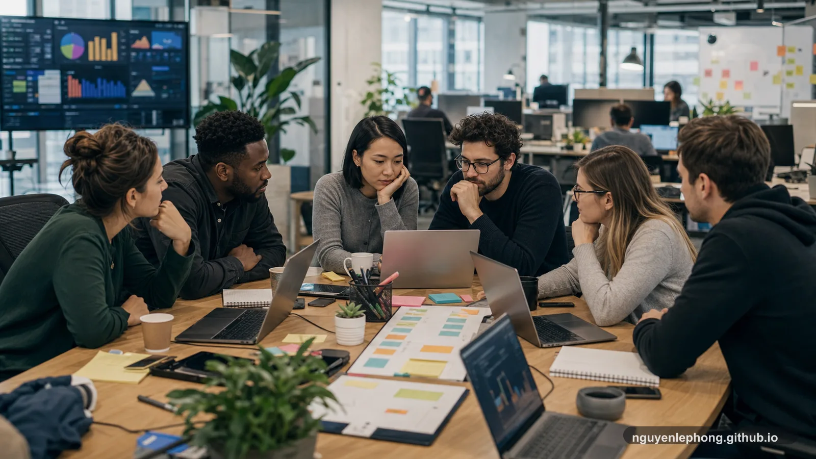 Các frontend engineer từ nhiều team ngồi quanh một bàn release chung với laptop, sticky note và dashboard deploy trong một cửa sổ deploy frontend.