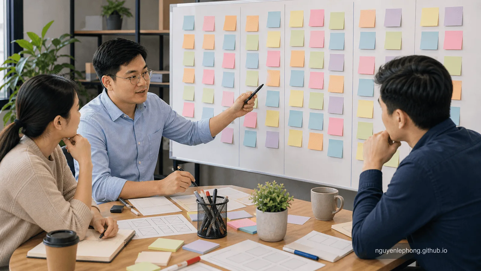 Một product team nhìn vào board workshop đầy sticky note trống khi bàn xem phiên bản đầu tiên cần chứng minh điều gì.