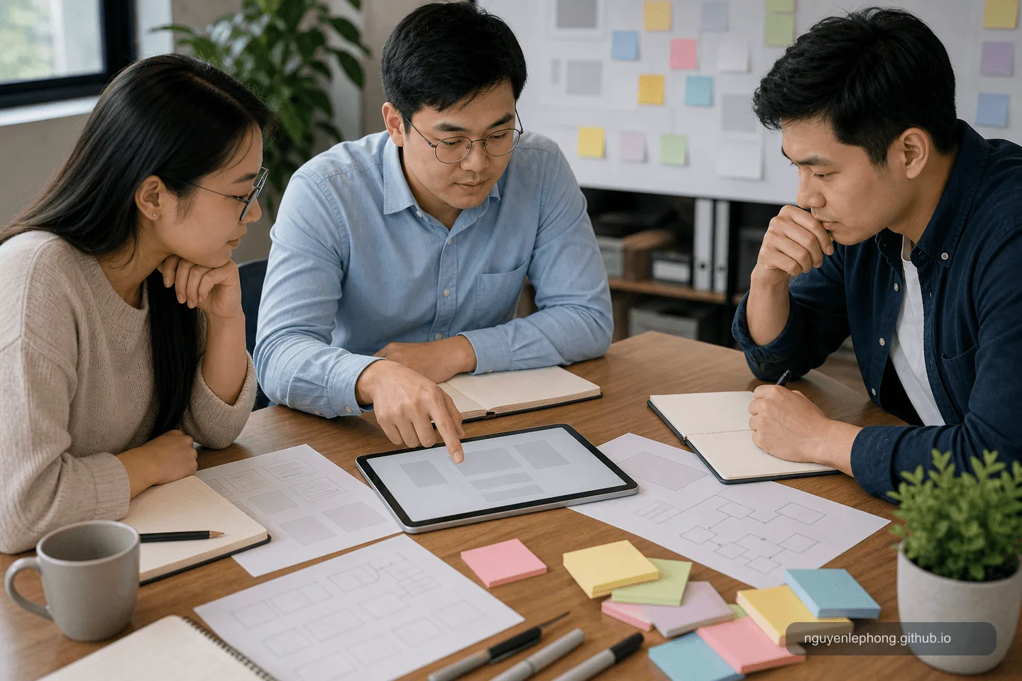 Một product team xem prototype trên tablet quá trống, cạnh đó là các sticky note trống đã bị gỡ ra.