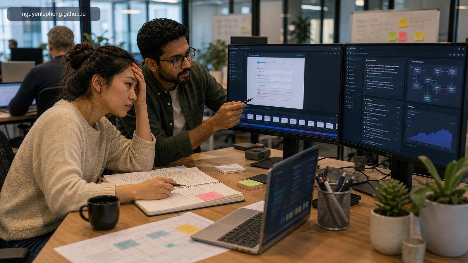 Two product teammates review a checkout bug report that includes a screenshot, a short recording timeline, and AI-assisted analysis on nearby screens.