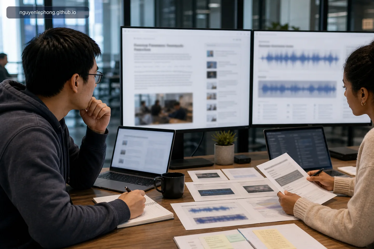 An analyst and engineer compare AI output against blurred source documents and audio evidence before approving a multimodal workflow result.