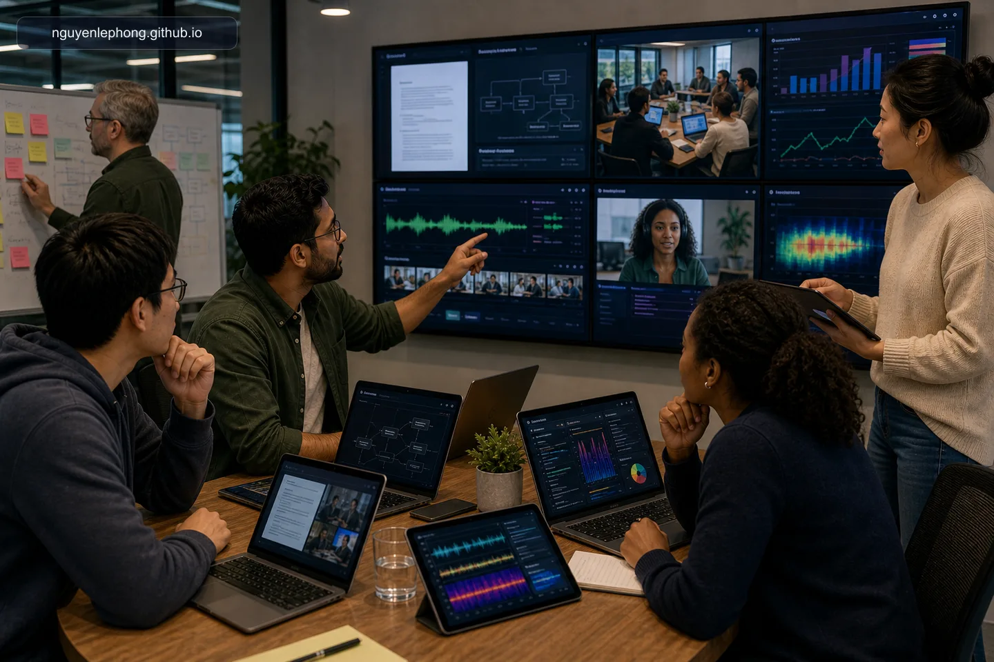 A product team studies text, images, audio, charts, and video frames together across several screens during a multimodal AI workflow review.