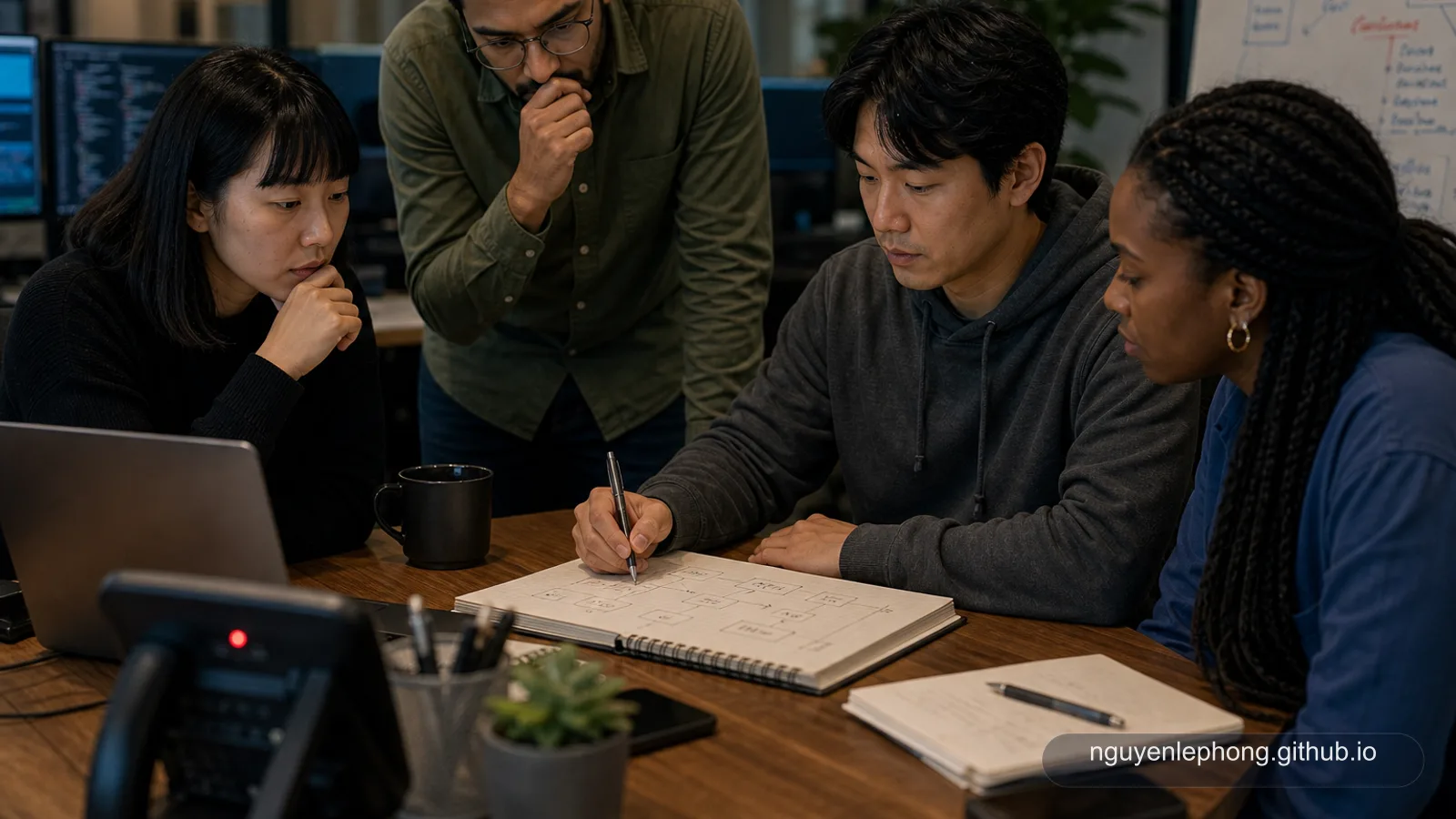 Một engineer bình tĩnh đang phác request path trong notebook, còn các teammate cùng nhìn hệ thống xung quanh.