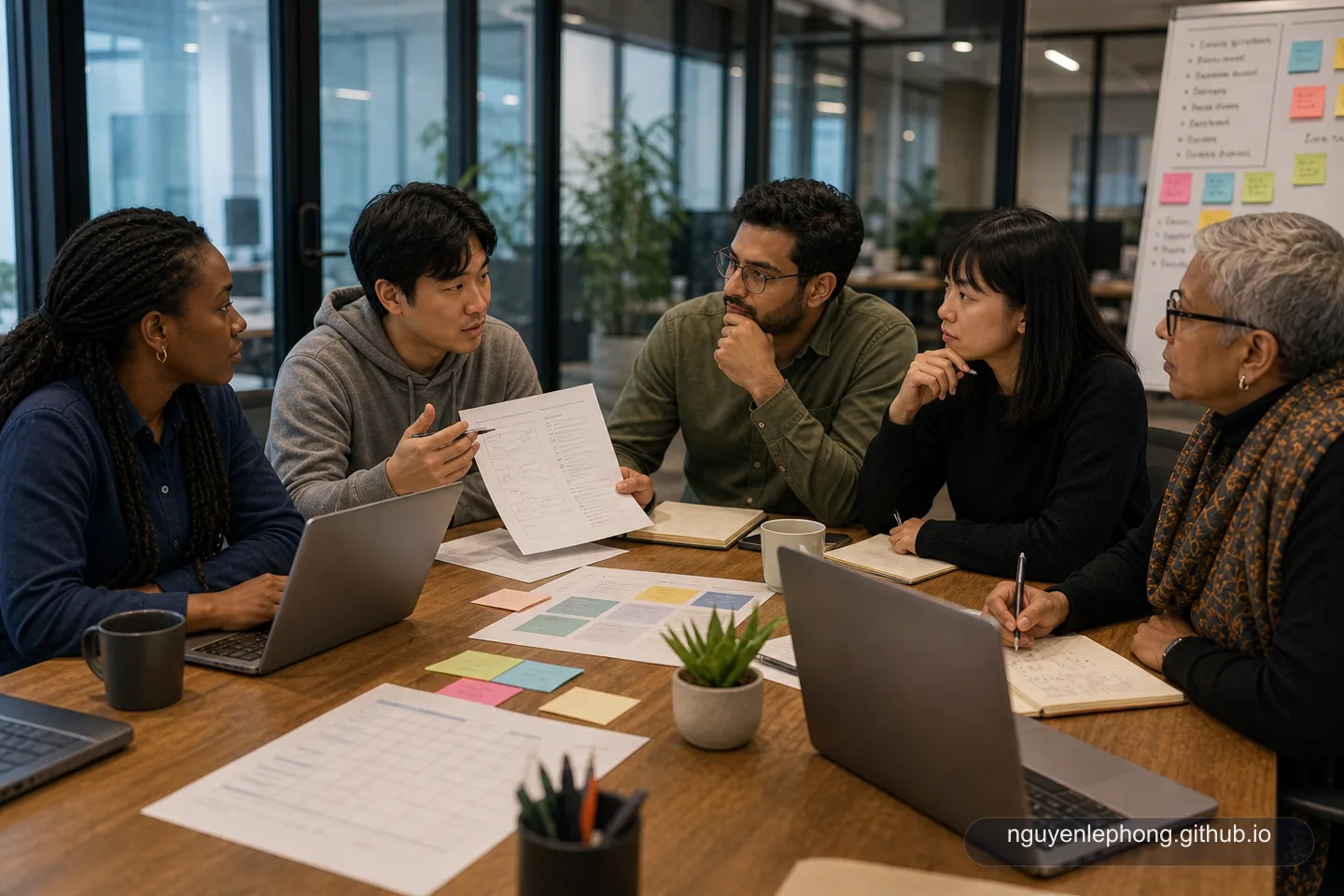 Một software team đang bình tĩnh review tài liệu và rollout note trước deployment trong phòng họp.