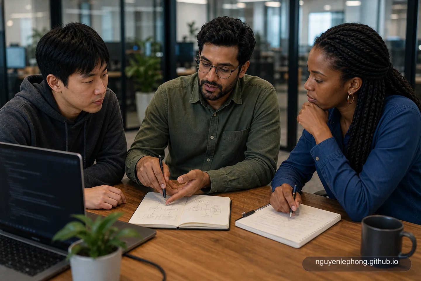 Một engineer nhiều kinh nghiệm đang chỉ cho các teammate cách debug hệ thống cùng nhau tại một bàn làm việc chung.