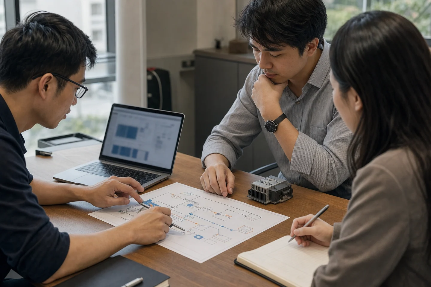 Three Vietnamese colleagues use one shared diagram and a physical component to translate technical risk into context.
