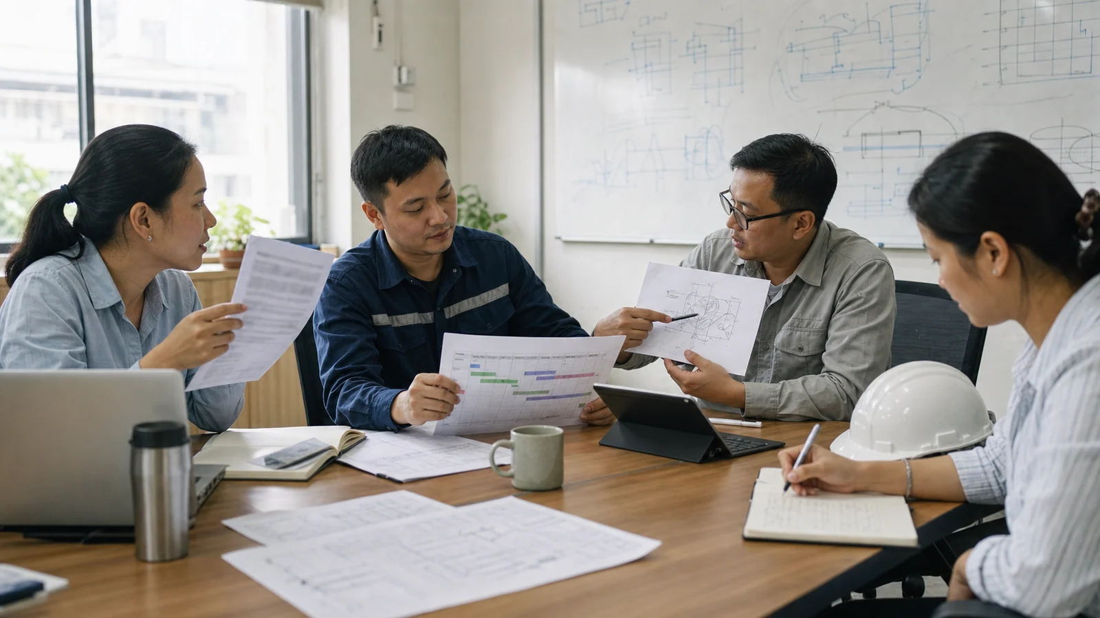Four Vietnamese project colleagues compare a delivery plan, support evidence, and a technical sketch around one table.