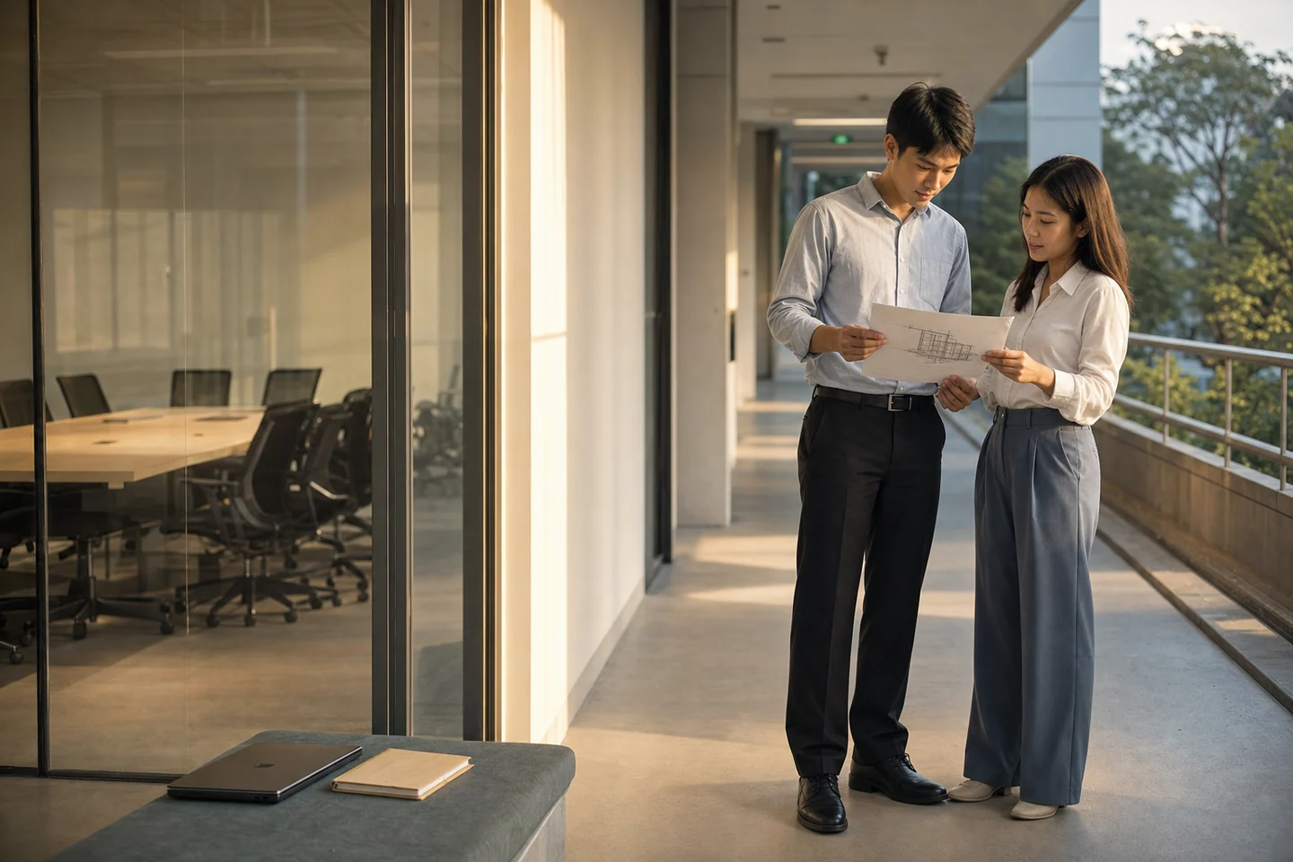 Two Vietnamese colleagues review one printed sketch in an open corridor beside an empty meeting room.