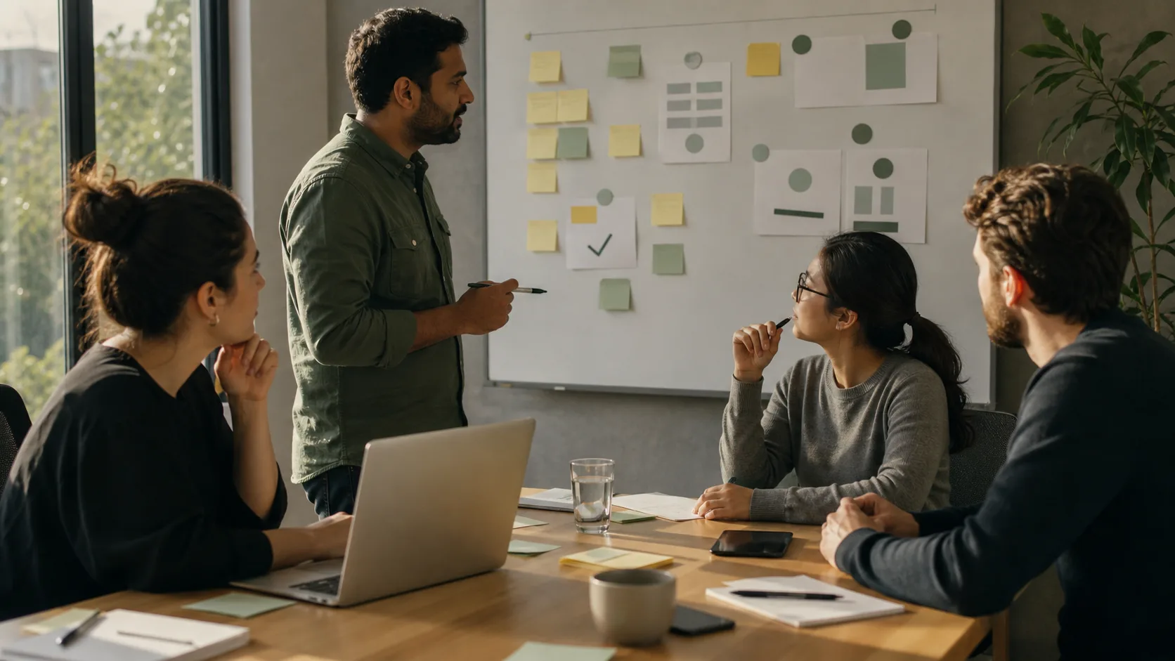 A small team studies a muted workflow board with sticky notes, simple friction markers, and a calm review table.
