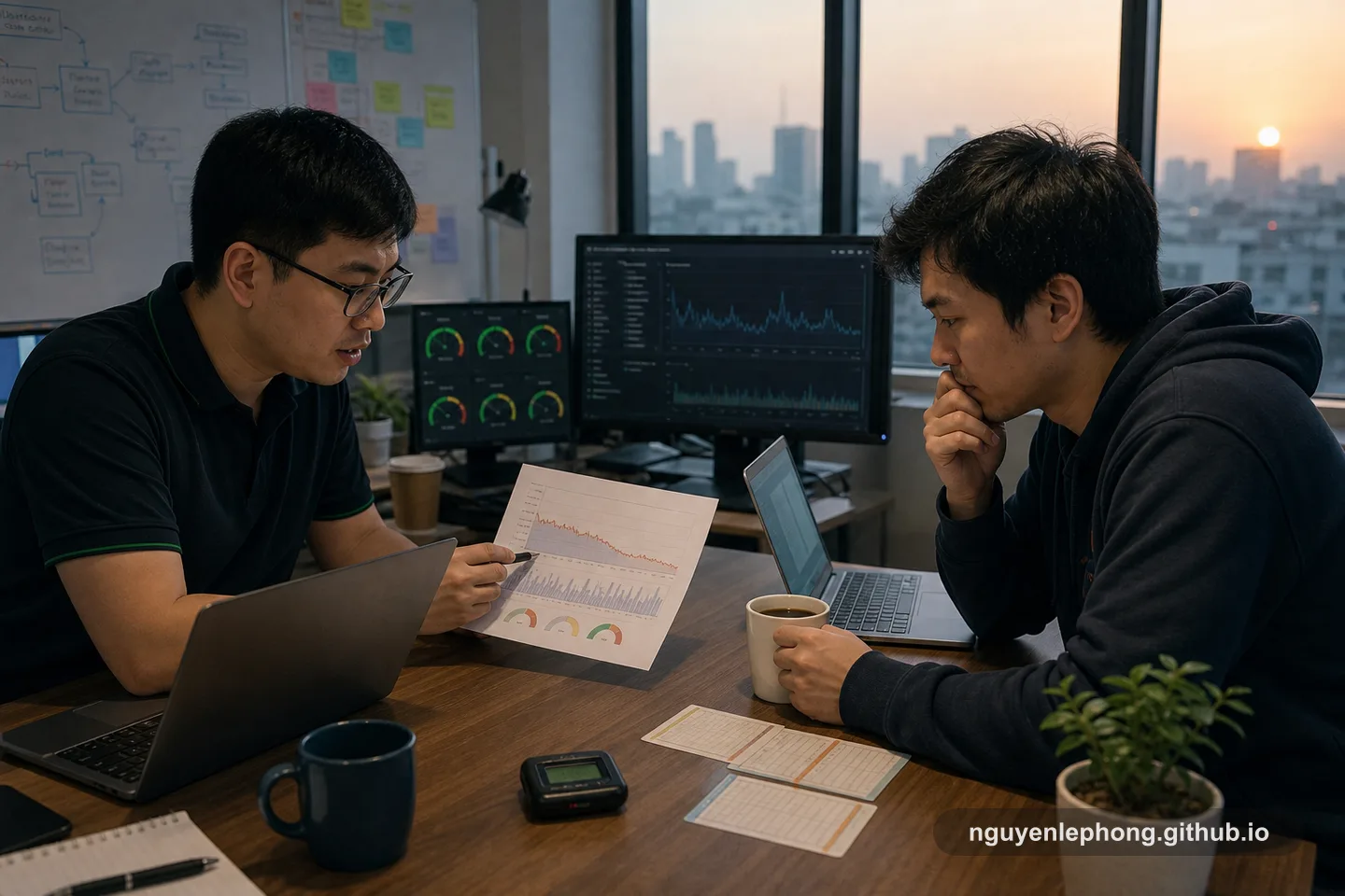 Nguyen Le Phong cùng một đồng đội SRE xem burn-rate chart lúc rạng sáng trước khi quyết định có nên đẩy thêm một release hay không.
