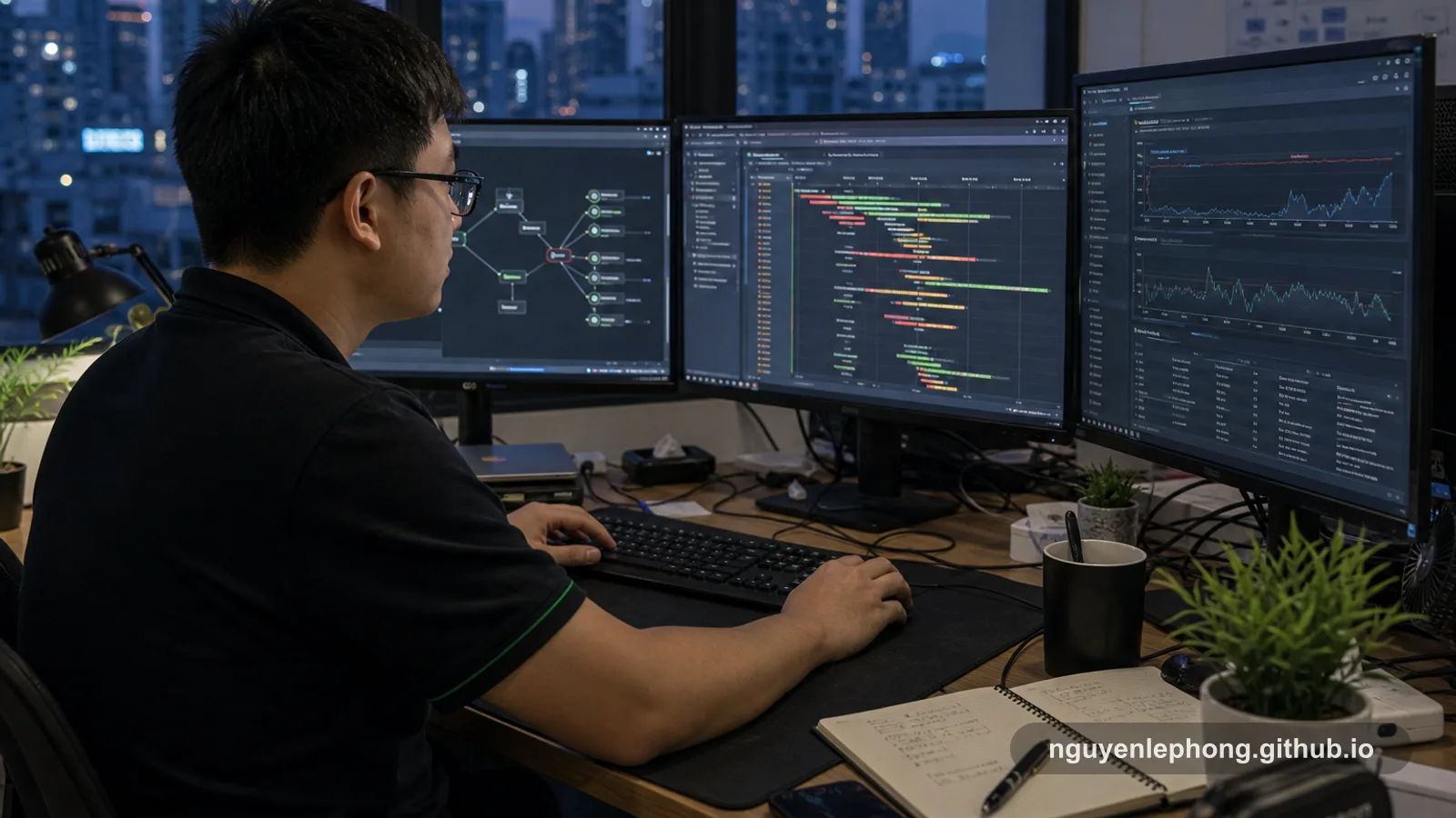Nguyen Le Phong ngồi trước ba màn hình traces, logs và latency charts trong lúc thành phố bên ngoài văn phòng dần tối lại.