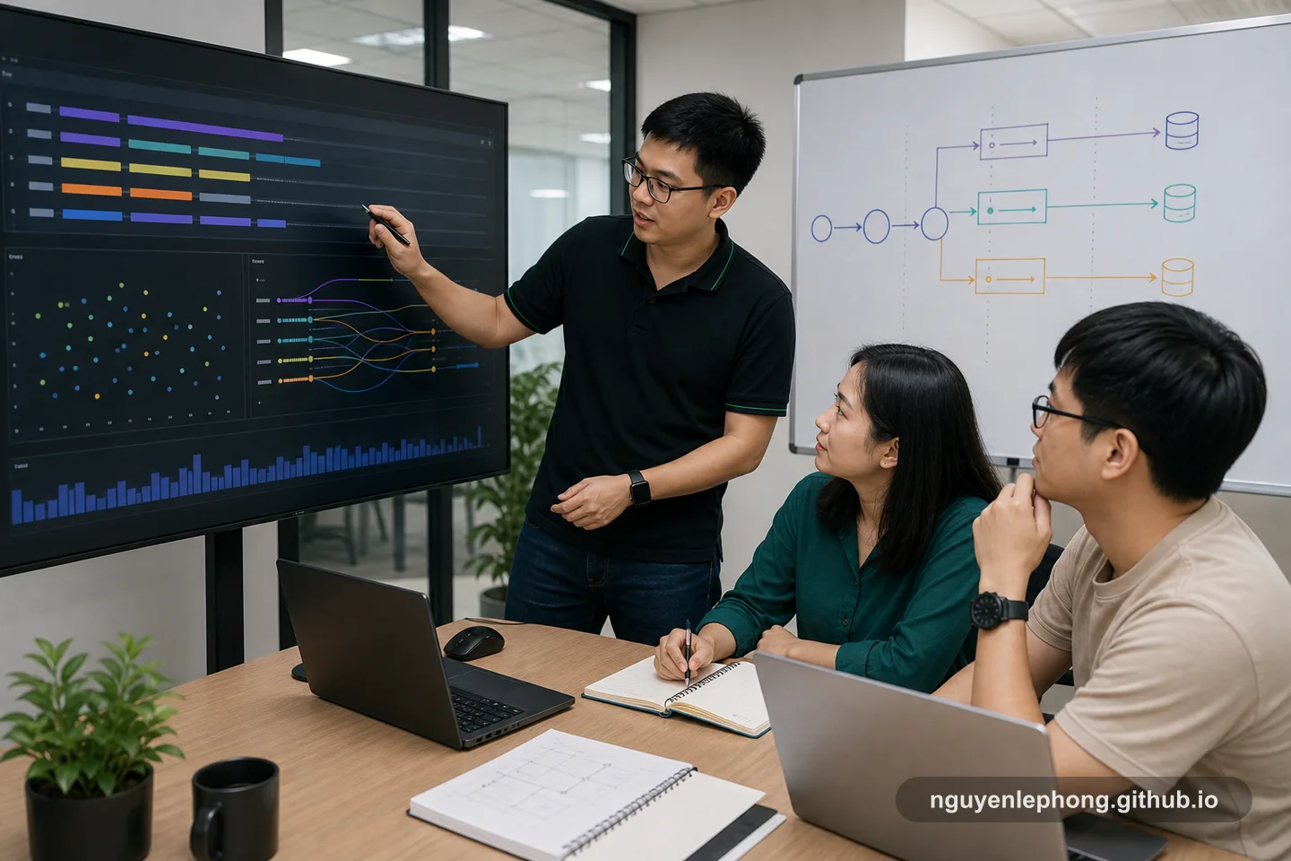 Ba kỹ sư Việt Nam cùng ráp một distributed request trên màn hình lớn và bảng trắng để logs, metrics và traces cuối cùng khớp thành một mạch điều tra.