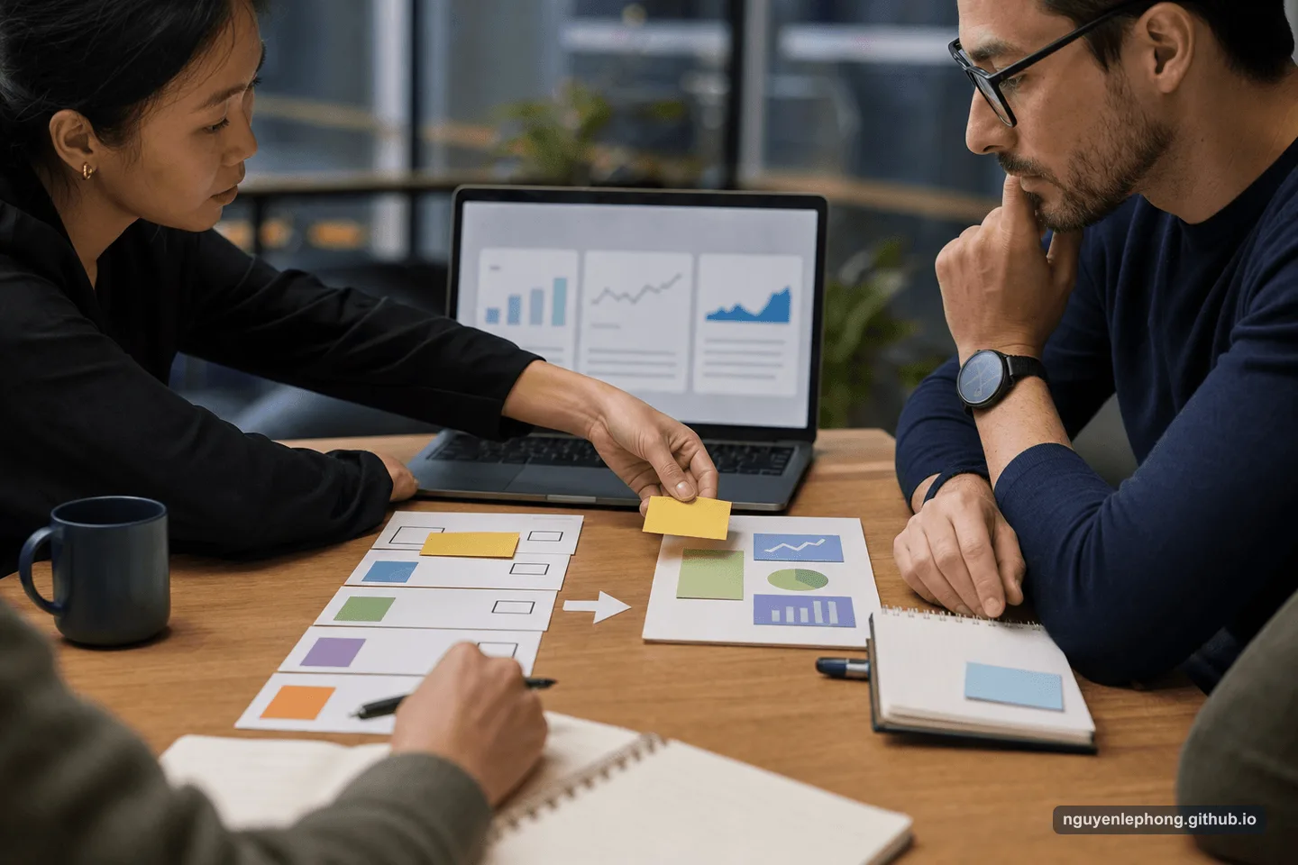 Hai người trao đổi bên bàn có các tờ giấy, biểu đồ và sticky note; phía sau là laptop hiển thị nhiều biểu đồ.
